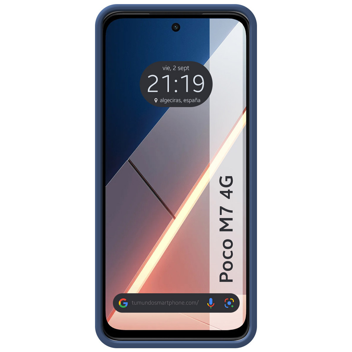 Uno smartphone Poco M7 4G mostra l'ora 21:19 sullo schermo. Lo schermo mostra la data e la posizione.