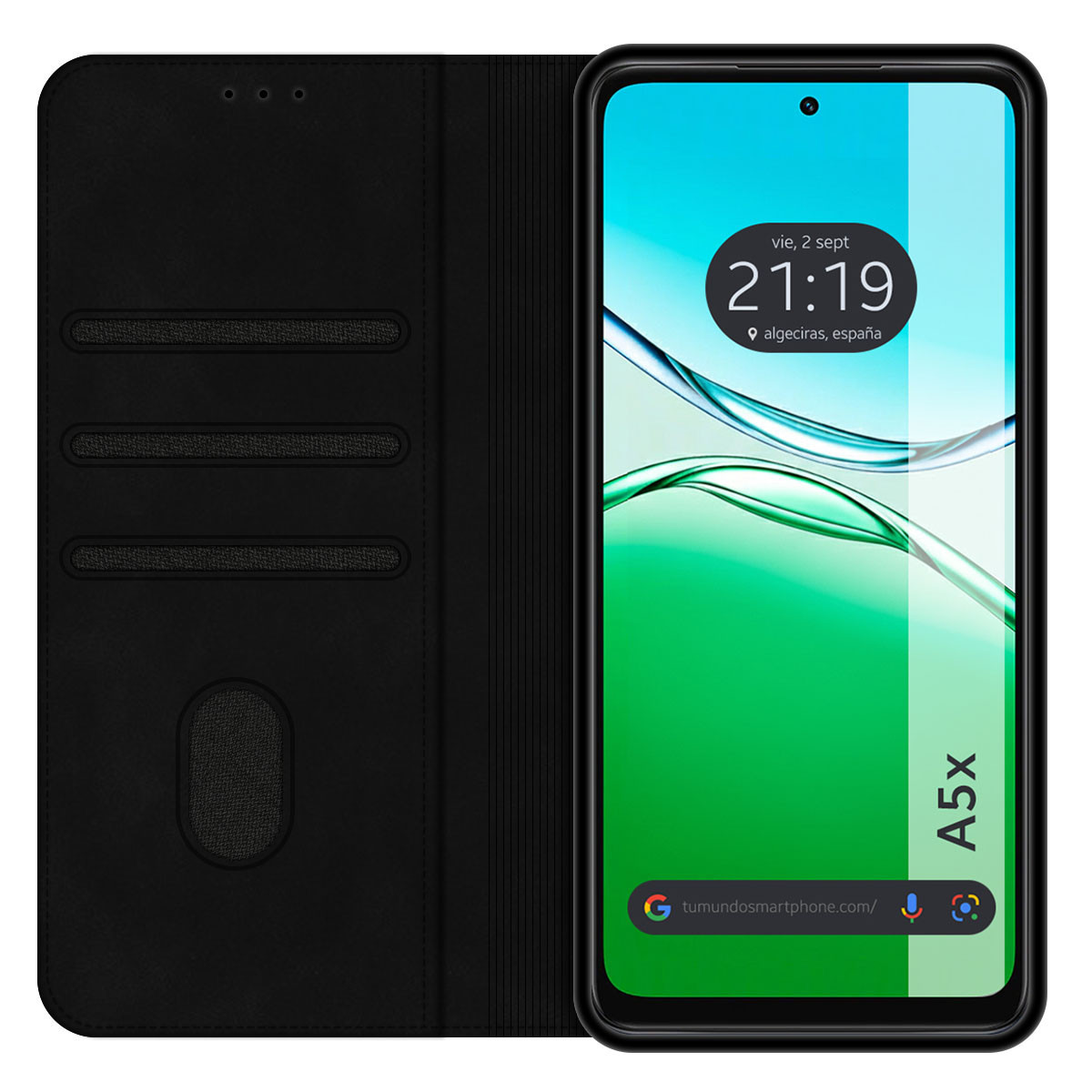 Uno smartphone in una custodia nera mostra uno schermo verde e blu con ora e data. Il telefono è aperto.