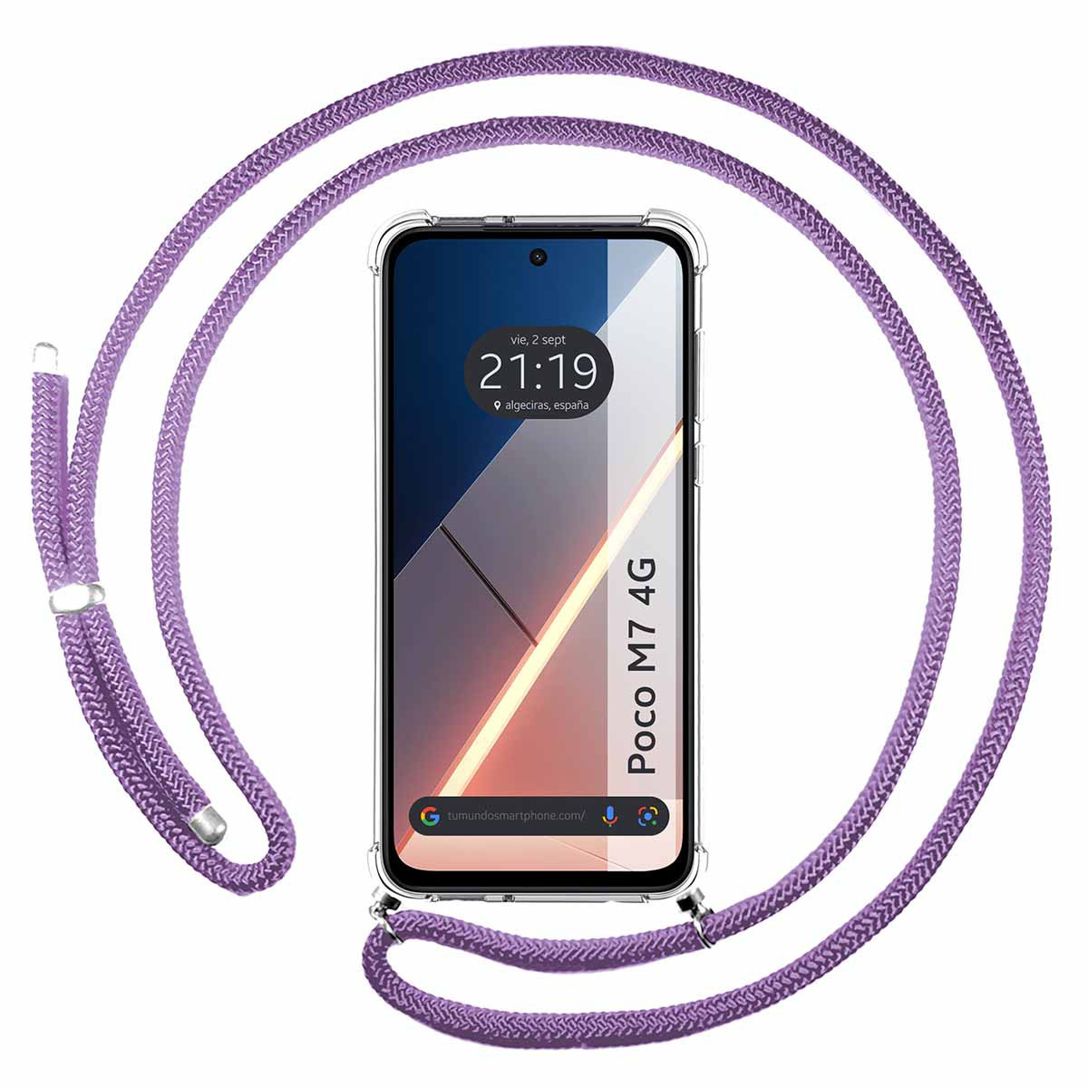 Uno smartphone con custodia trasparente e cordino viola. Il telefono mostra l'ora 21:19 e il testo "Poco M7 4G".