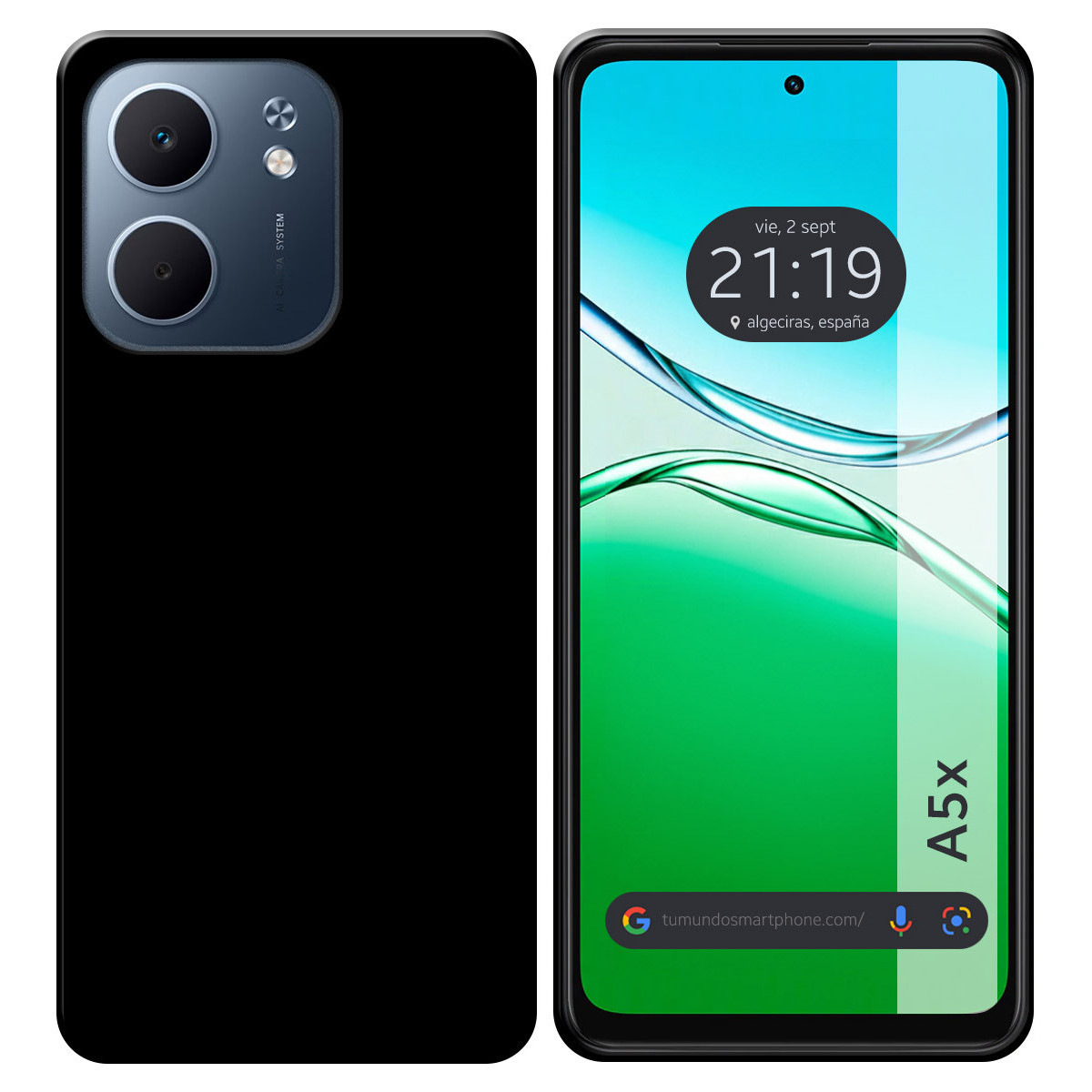 Smartphone nero con schermo acceso. Lo schermo mostra ora, data e posizione.