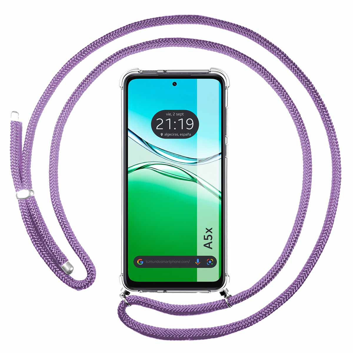 Uno smartphone con custodia trasparente e cordino viola. Lo schermo mostra l'ora e un indirizzo web.
