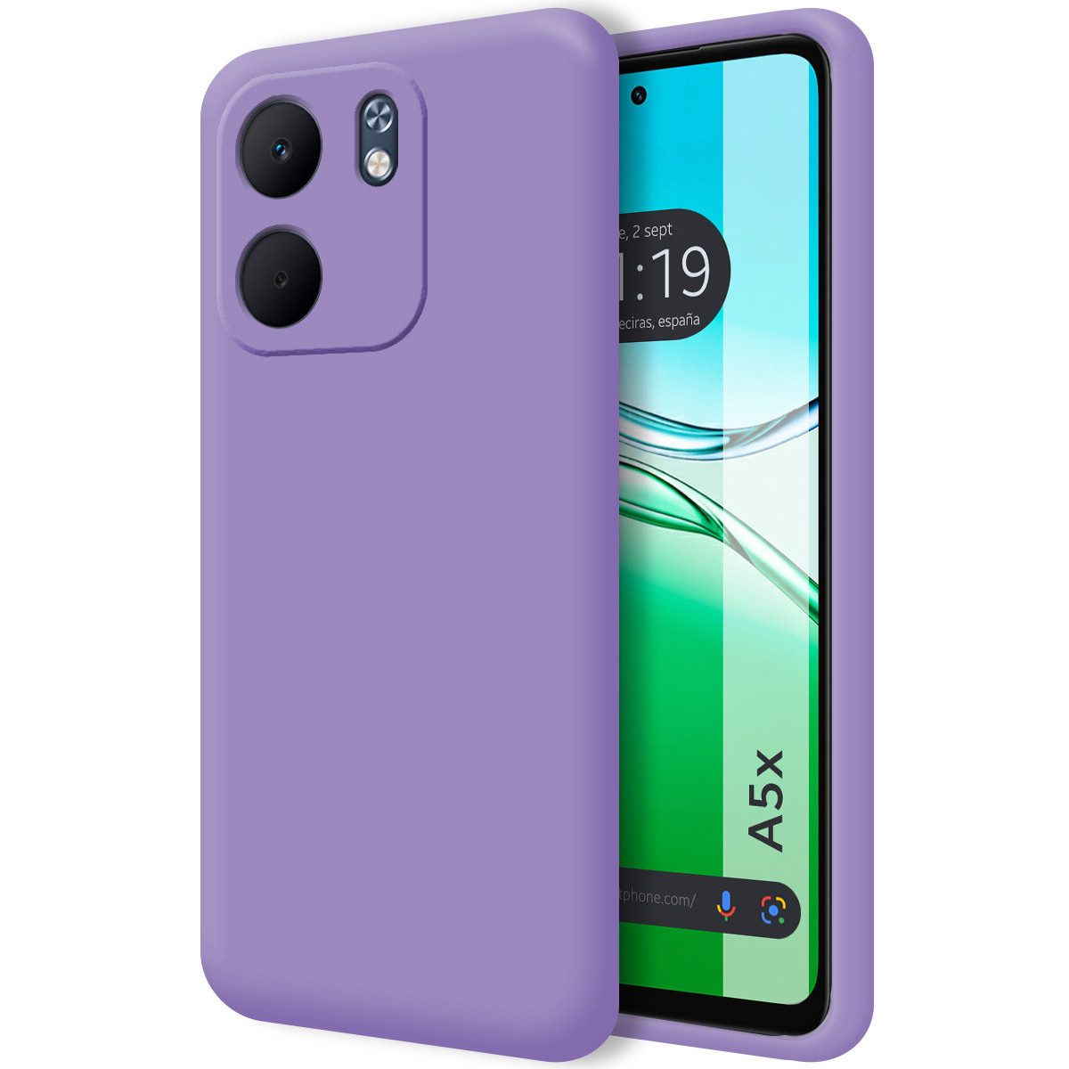 Una custodia per telefono viola e un telefono. Lo schermo del telefono mostra la data e l'ora. Il telefono è etichettato A5x.