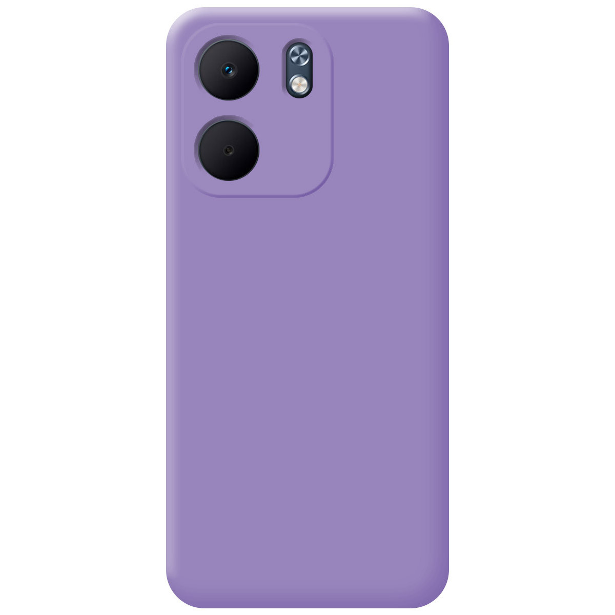 Primo piano di una custodia per telefono viola con due lenti circolari e un flash, su sfondo bianco.