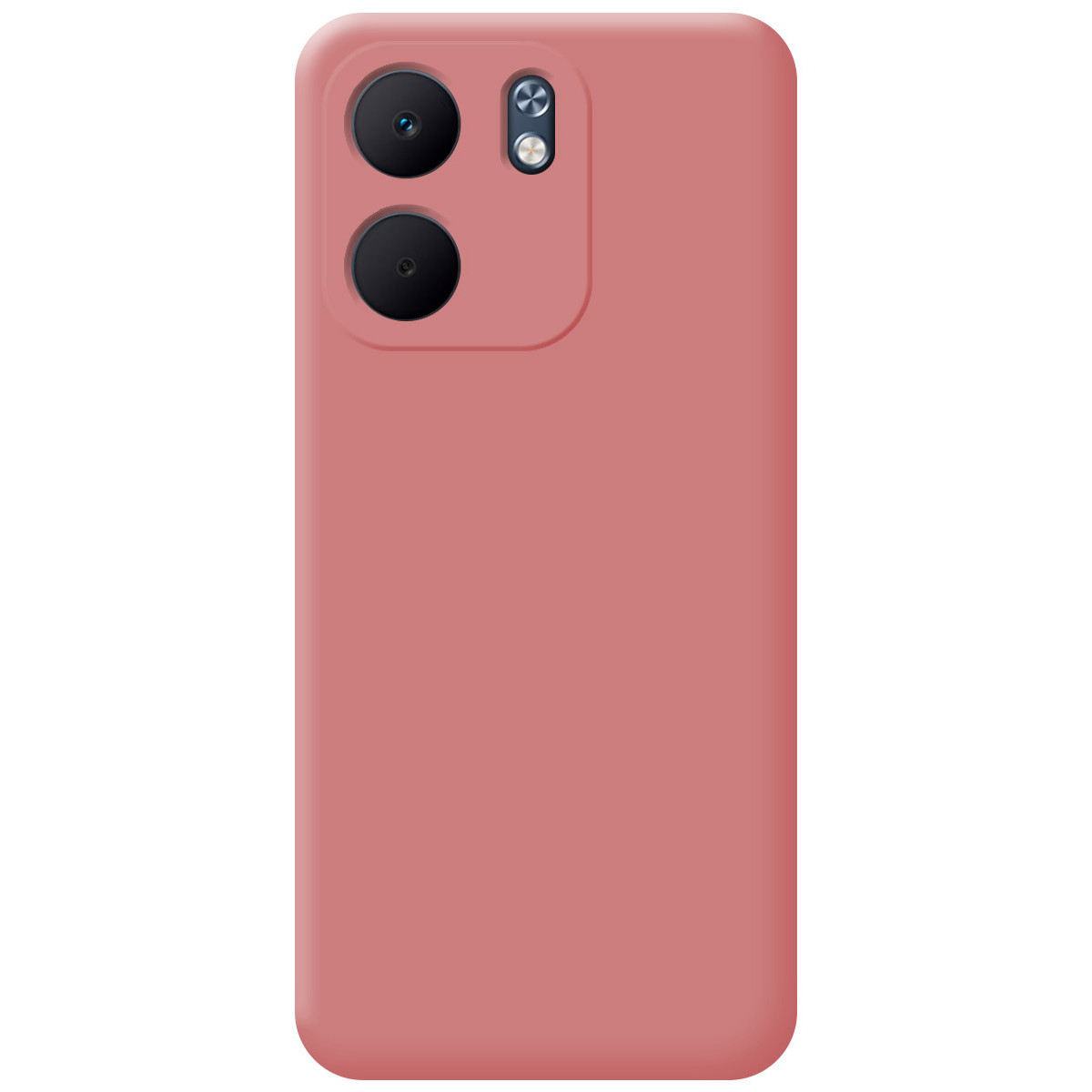 Primo piano di una custodia rosa per telefono. Ha due obiettivi, un flash e una finitura liscia e opaca.