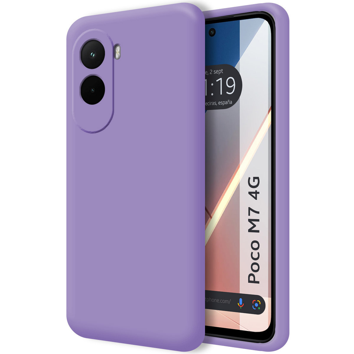 Una custodia per telefono viola con un telefono all'interno. Il telefono mostra l'ora 1:19. Il marchio del telefono è Poco M7 4G.