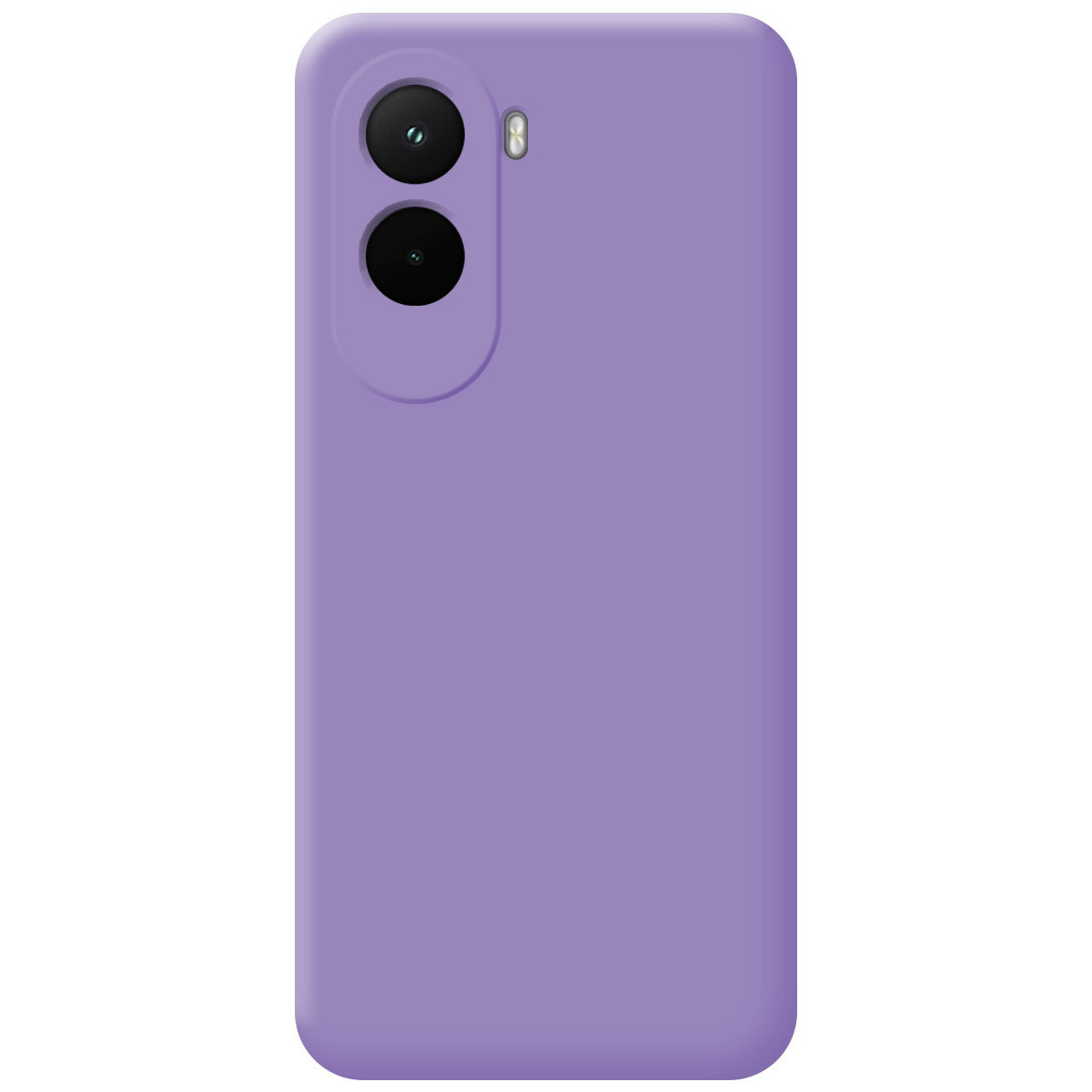 Una custodia per telefono viola con un modulo fotocamera. Due lenti circolari in alto e la custodia è arrotondata.