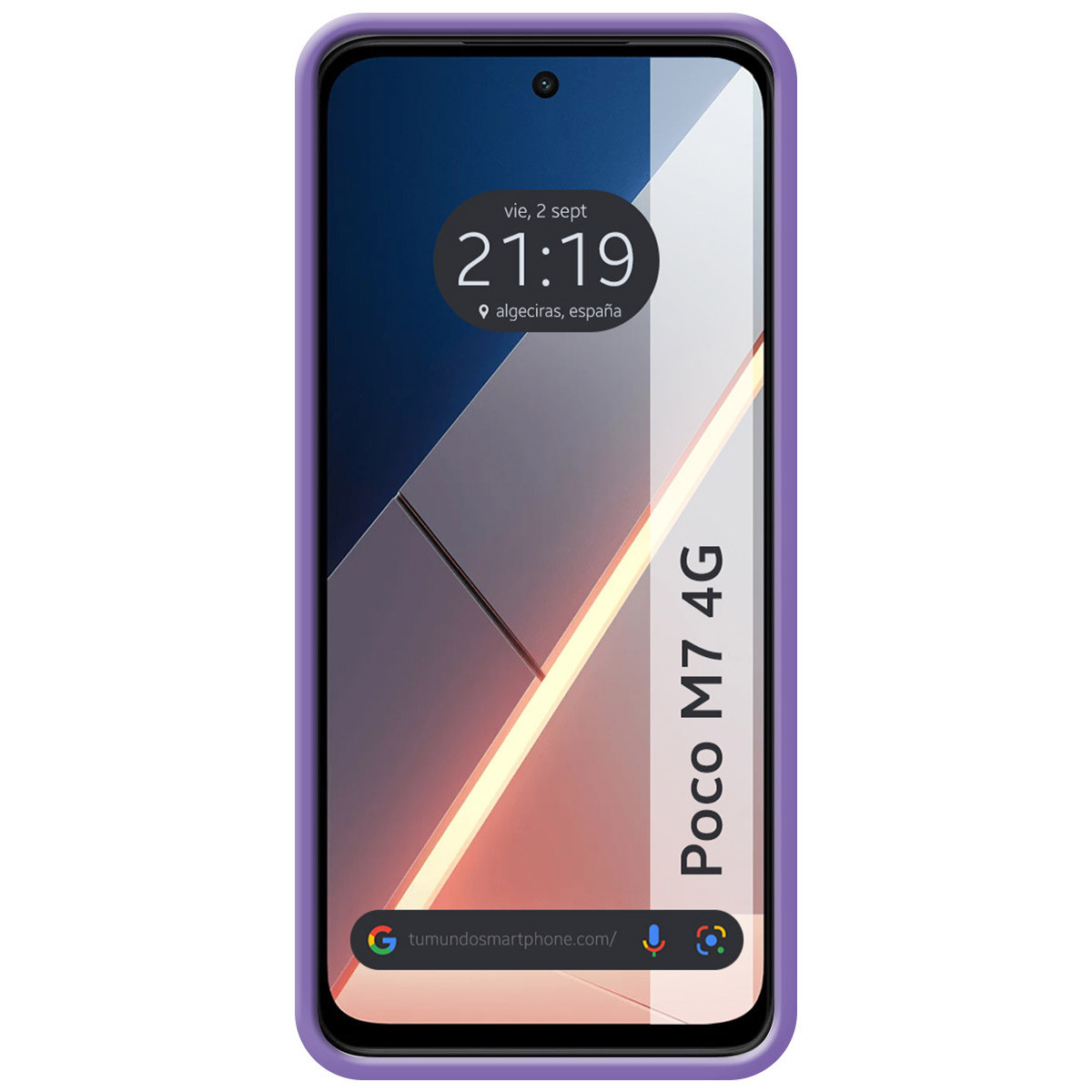 Lo schermo di uno smartphone mostra l'ora, la data e la posizione. È in una custodia viola e il telefono è bianco. Il marchio è Poco M7 4G.