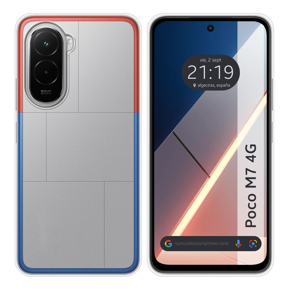 Uno smartphone con custodia, mostra l'ora 21:19 e il testo 'Poco M7 4G'. La custodia ha colori rosso, blu e grigio.