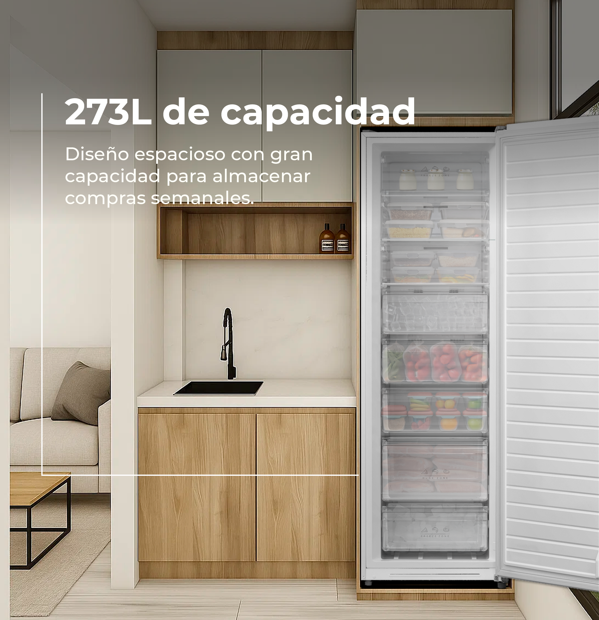 Escena de cocina con congelador abierto, mostrando cajones llenos de comida. Texto: Capacidad 273L, diseño espacioso.