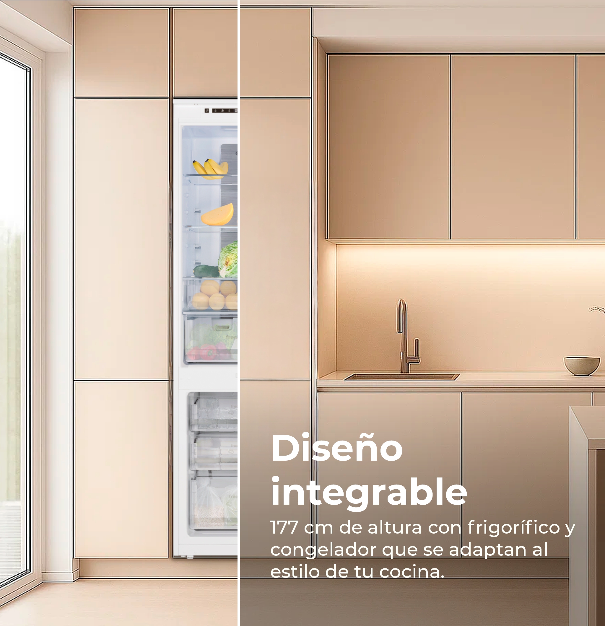 Cocina con refrigerador integrado, mostrando frutas y verduras. Texto: 'diseño integrado', con dimensiones.