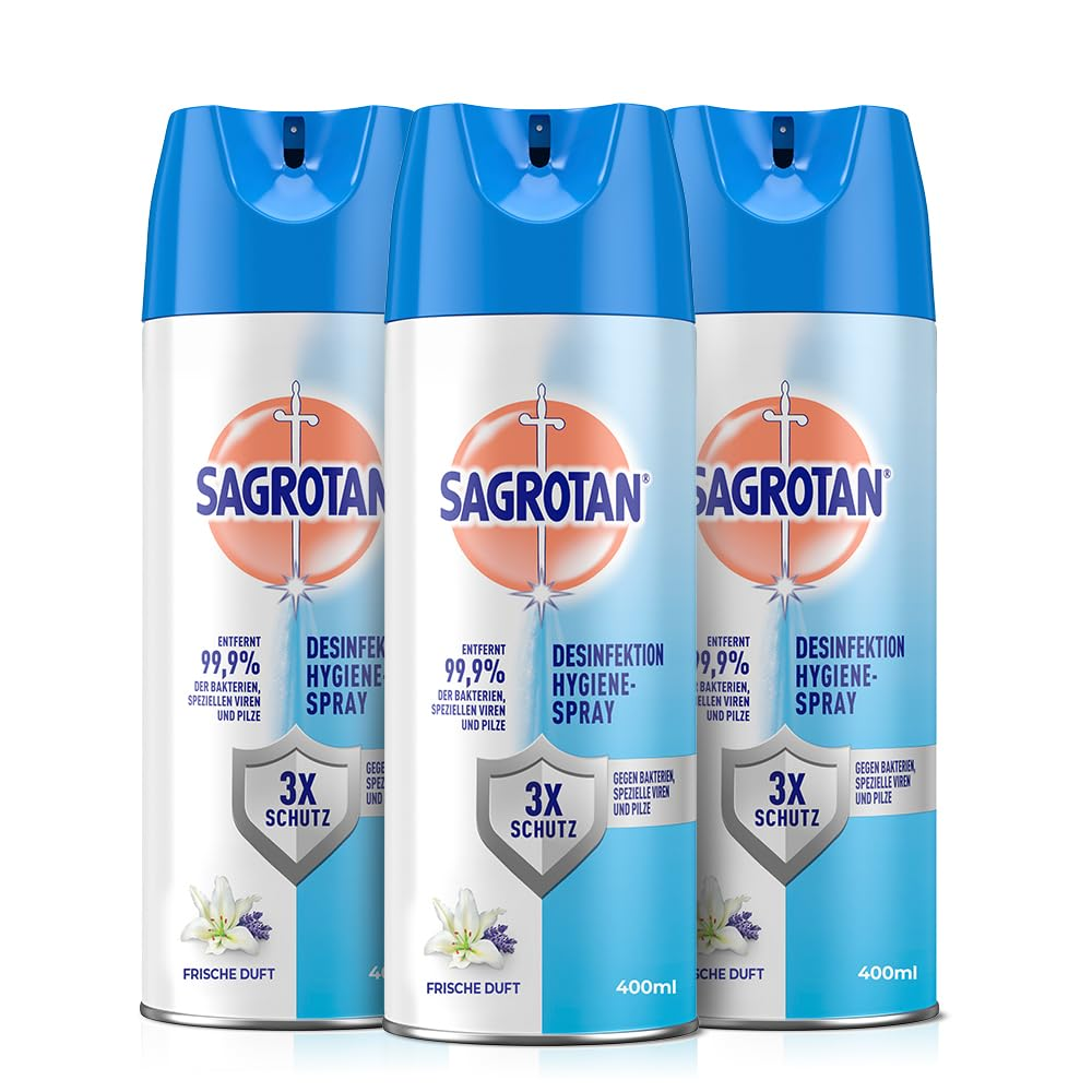 Drei identische Sagrotan Hygiene-Spray-Dosen. Blaue Deckel, weiße Etiketten mit Text. 'Desinfektion Hygiene Spray' sichtbar.
