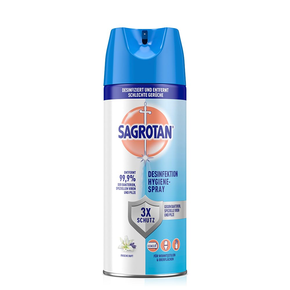 Sagrotan Hygiene-Spray. Weiße und blaue Dose. Es entfernt Bakterien, Viren und Pilze. Es hat einen frischen Duft.