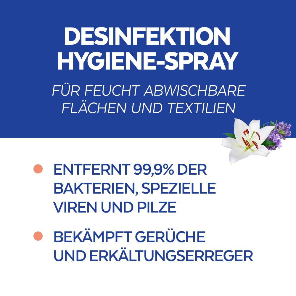 Das Bild zeigt Text über ein Desinfektionsspray. Es erwähnt die Entfernung von Bakterien, Viren und die Bekämpfung von Gerüchen. Ecke Blume.