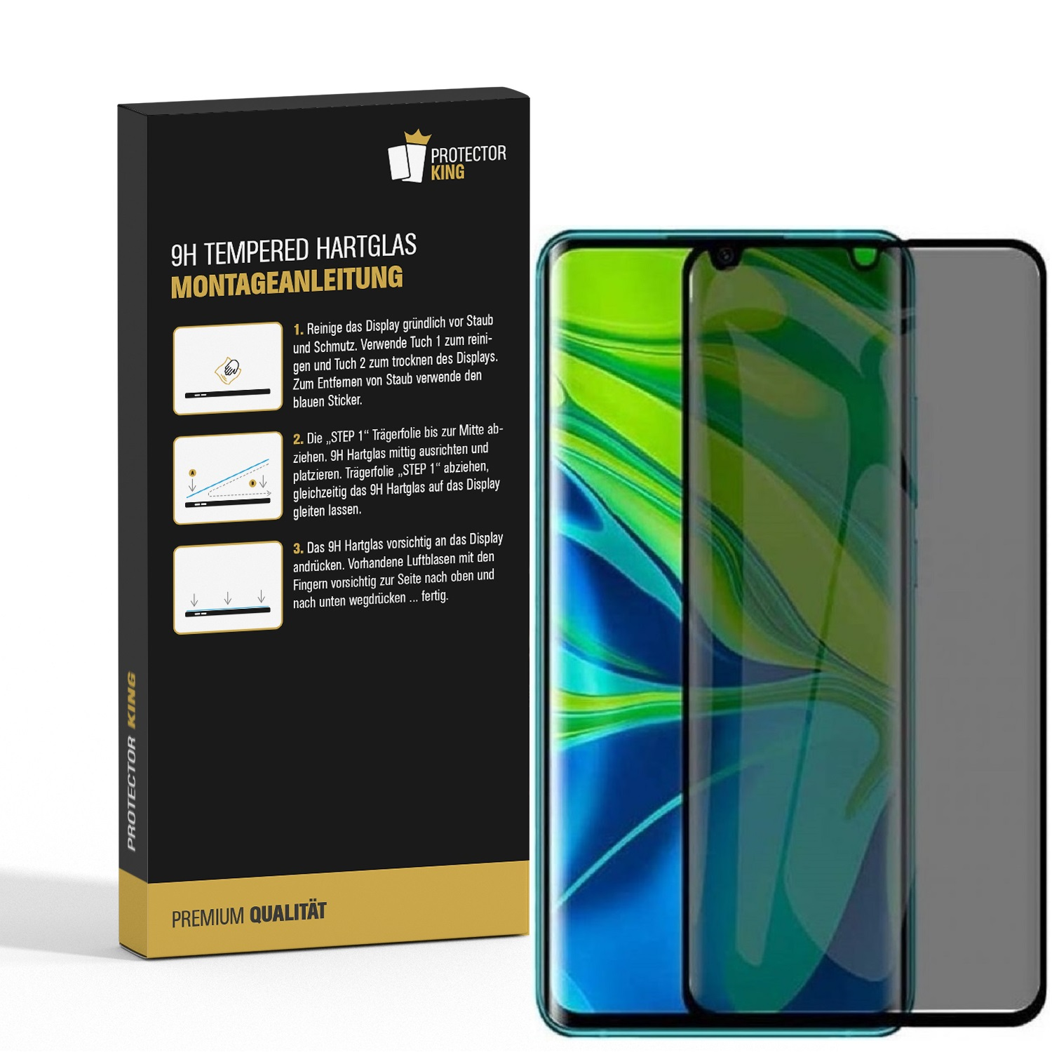 Ein Telefon mit Displayschutzfolie neben der Verpackung der Displayschutzfolie. Anweisungen sind sichtbar.