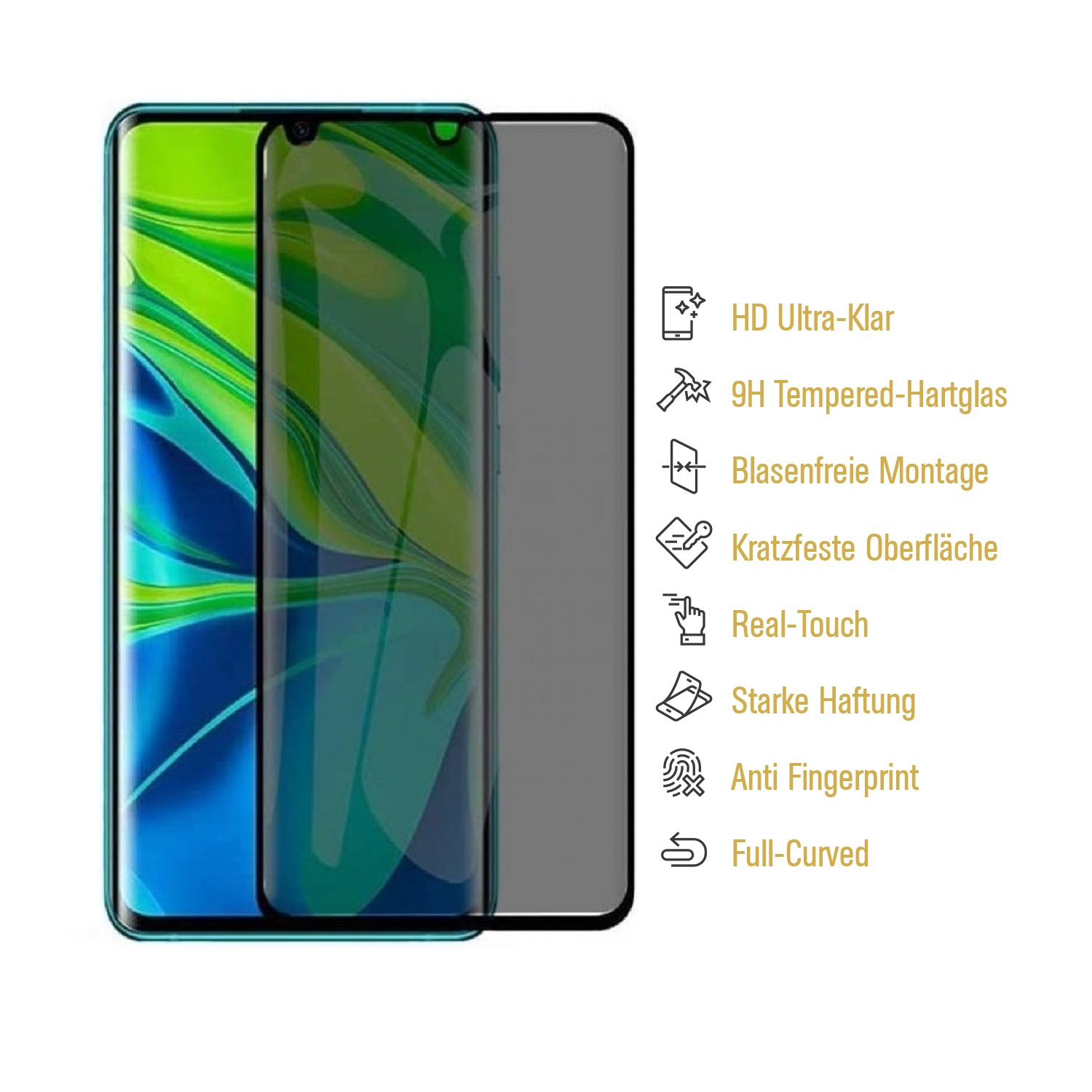 Ein Smartphone mit aufgebrachter Displayschutzfolie. Text rechts hebt Merkmale hervor: HD-Klarheit, Hartglas, blasenfrei, kratzfest.