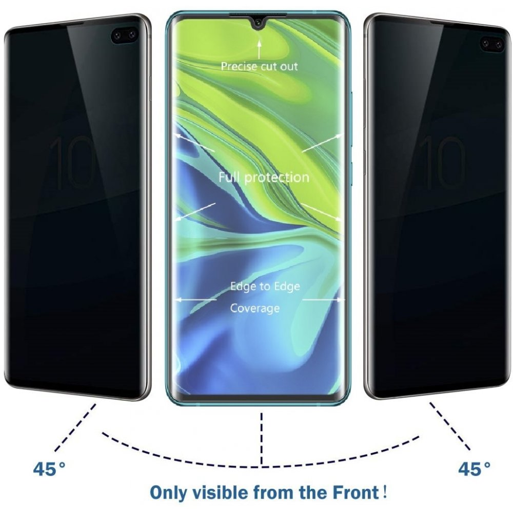 Drei Smartphones. Das mittlere zeigt eine Displayschutzfolie mit Labels wie 'Full protection'. Die anderen beiden sind dunkel.
