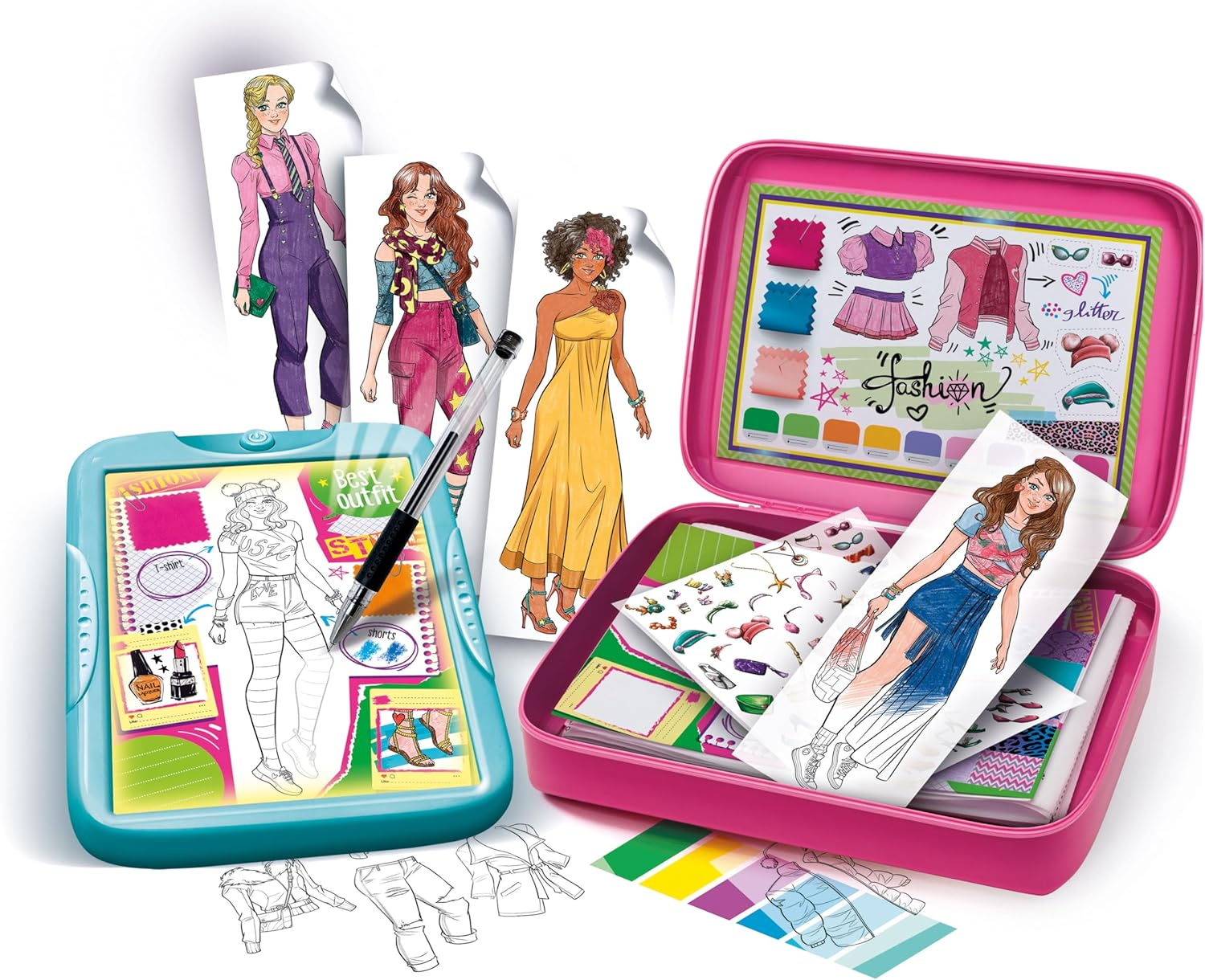 Ein Mode-Design-Kit mit illustrierten Figuren, Zeichen-Tablett, Aufklebern und einem rosa Koffer mit Modellen.