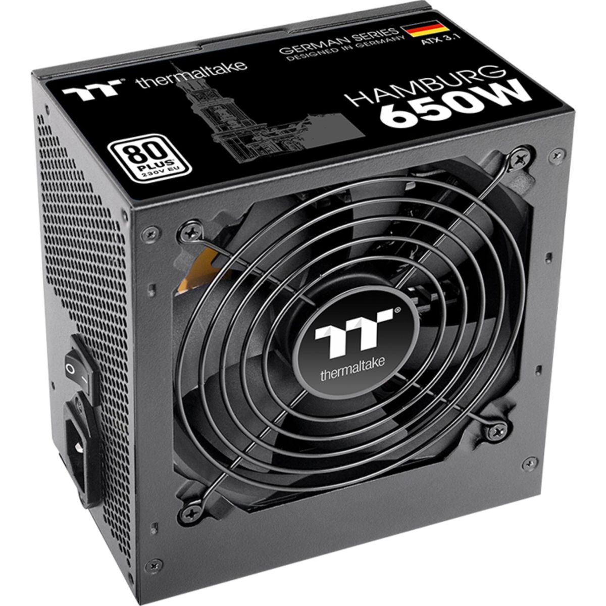 Czarny zasilacz Thermaltake Hamburg 650W z wentylatorem, logo i etykietą German Series.