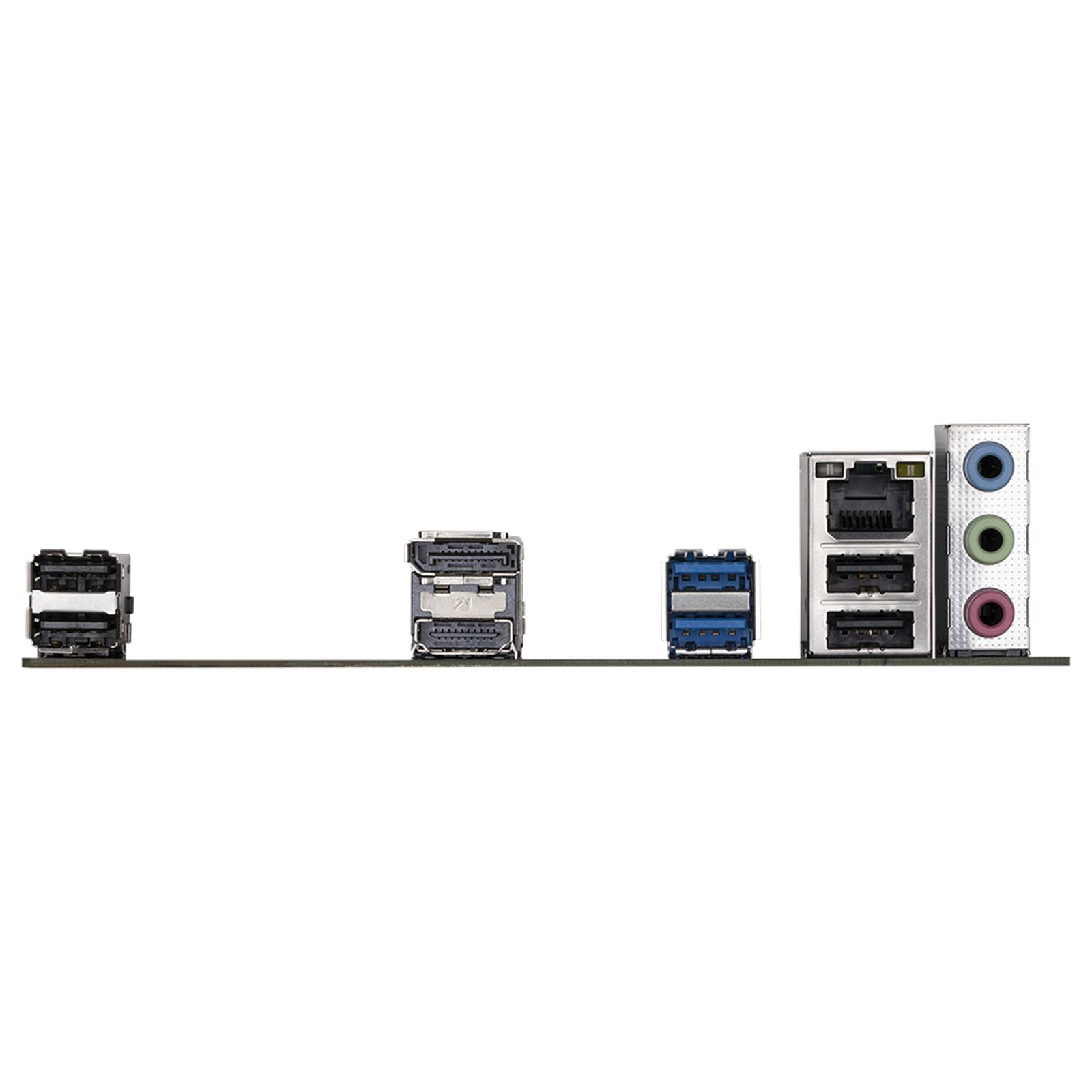 Panneau arrière d'une carte mère d'ordinateur, montrant les ports USB, Ethernet, audio, etc., le tout sur une base noire.