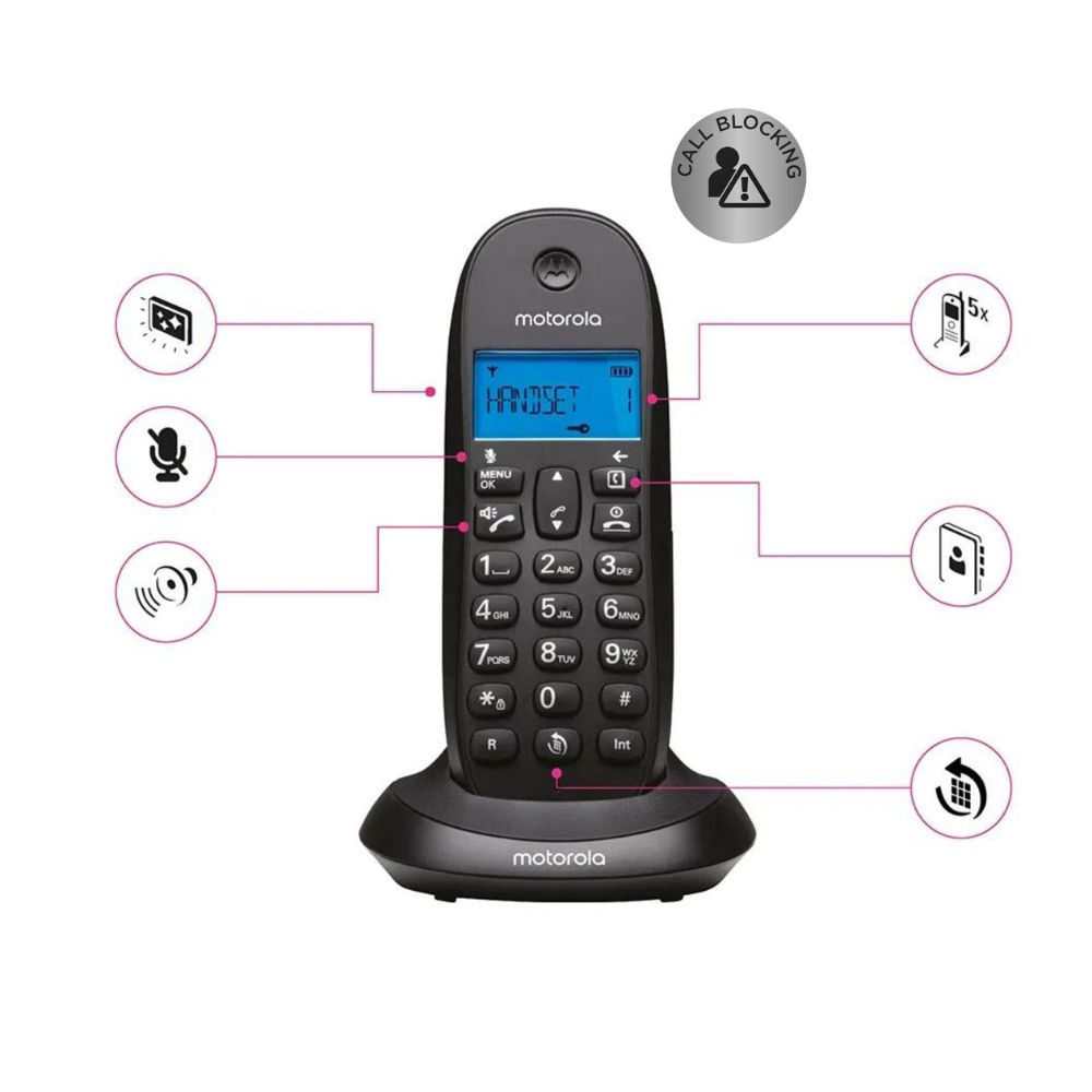 Un telefono fisso Motorola nero con base. Ha uno schermo che mostra 'HANDSET'. Varie icone lo circondano, come il blocco chiamate.