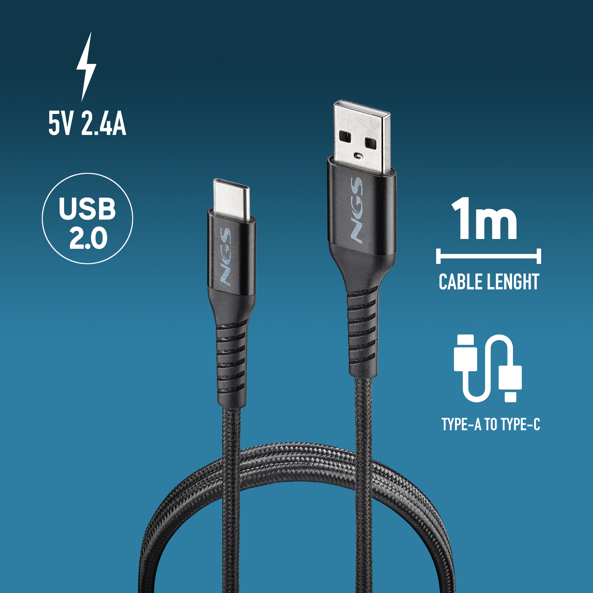 Cable USB negro con conectores Tipo-A a Tipo-C, 1 m de largo, y marca. Fondo azul con especificaciones de energía.