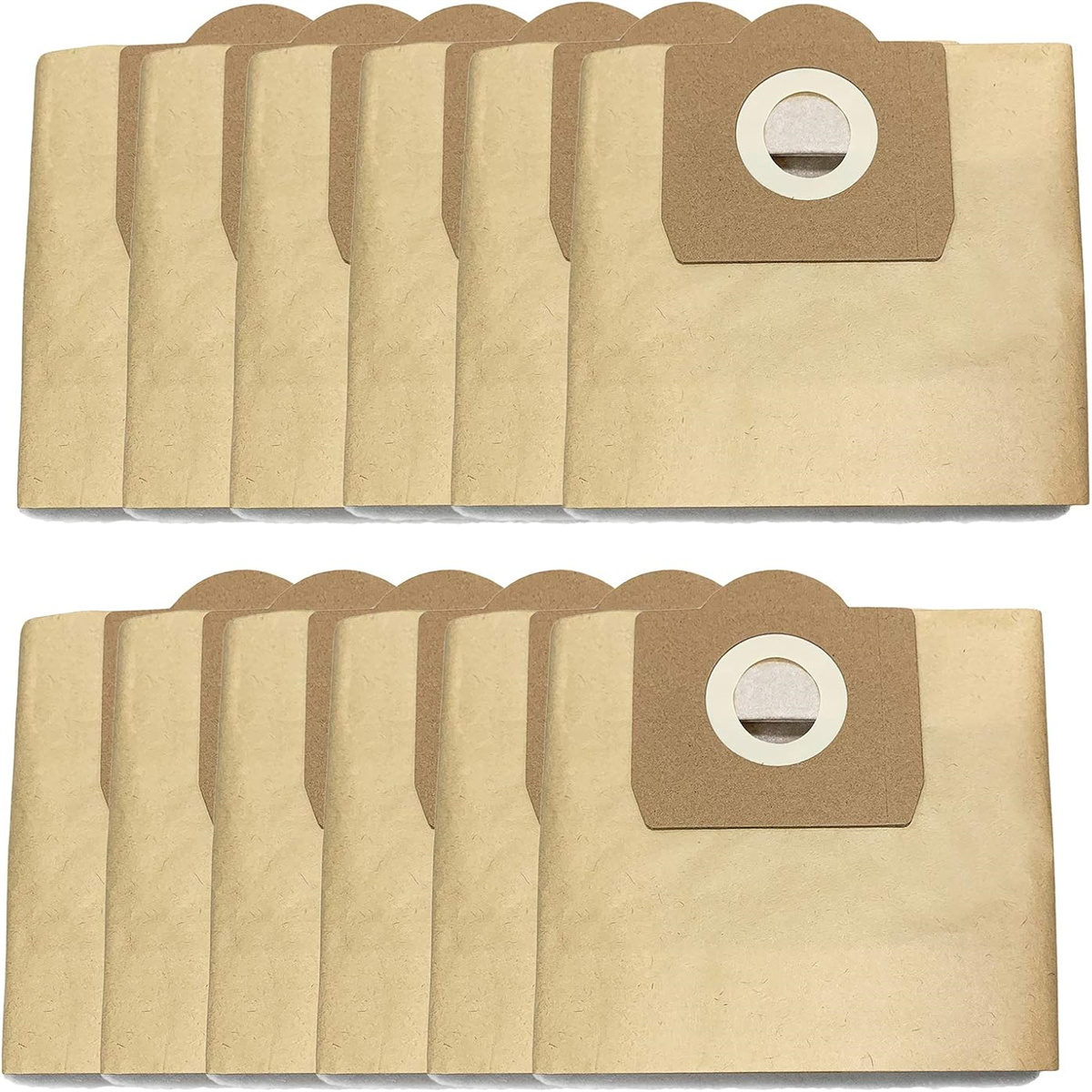 Das Bild zeigt mehrere beige Staubsaugerbeutel. Jeder Beutel hat eine braune Kartonoberseite mit einem weißen Kreis in der Mitte.