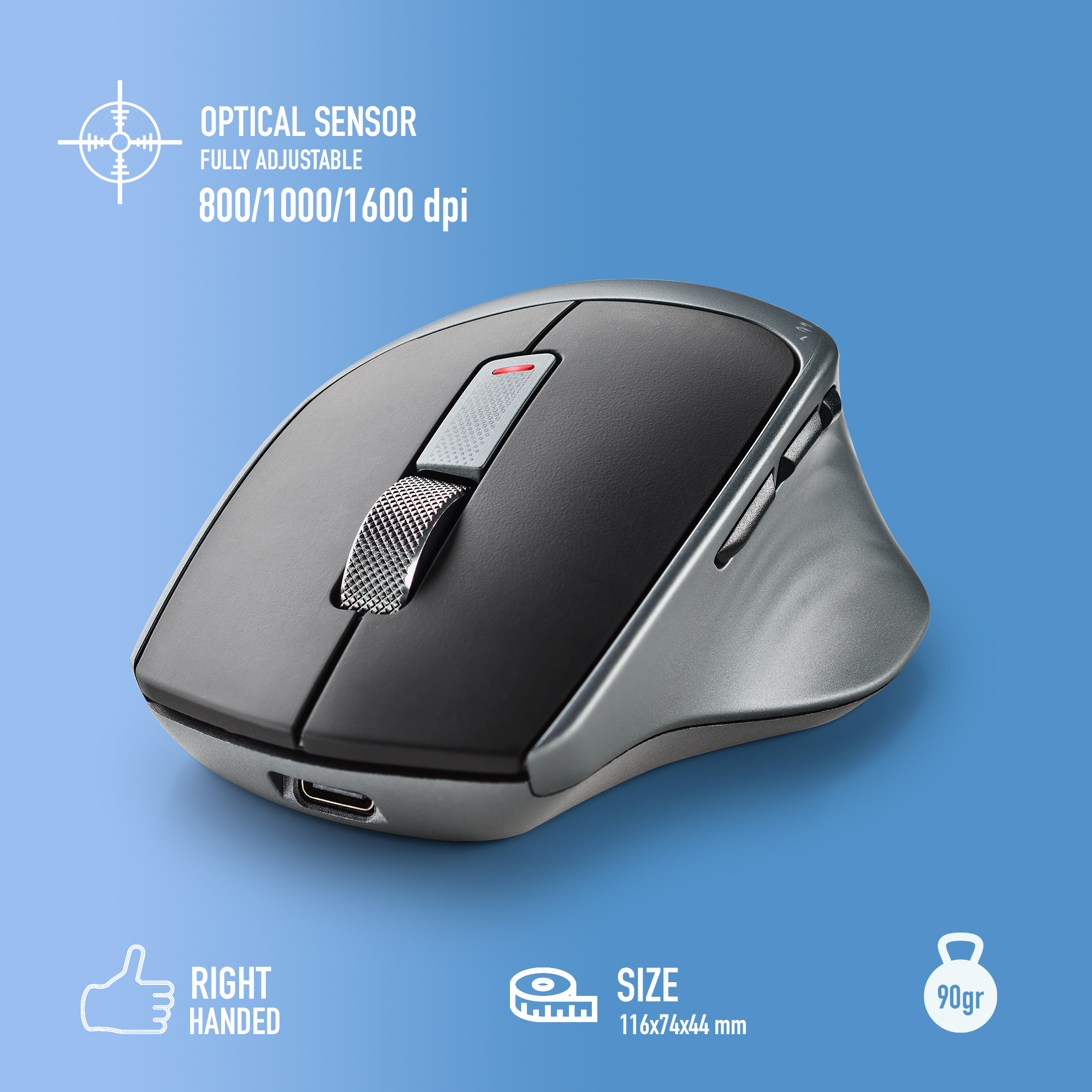 Un mouse wireless nero e argento per destrorsi. Dispone di un sensore ottico regolabile, rotella di scorrimento e pulsanti laterali. Sfondo blu.