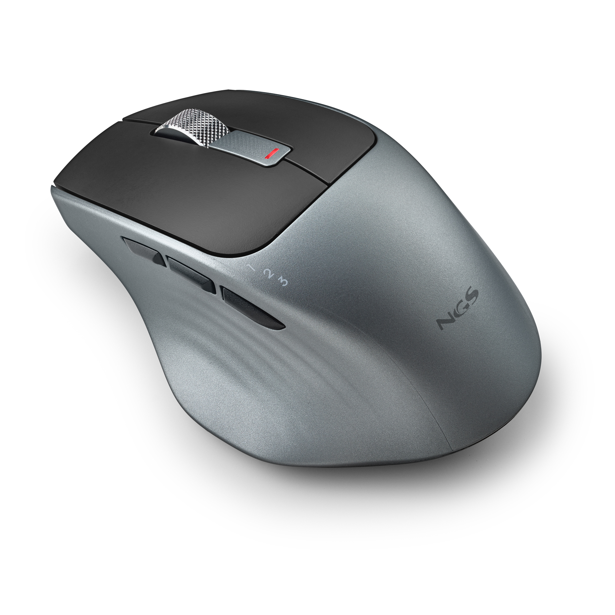 Un mouse per computer grigio e nero. Ha una rotella, pulsanti e il logo NGS.