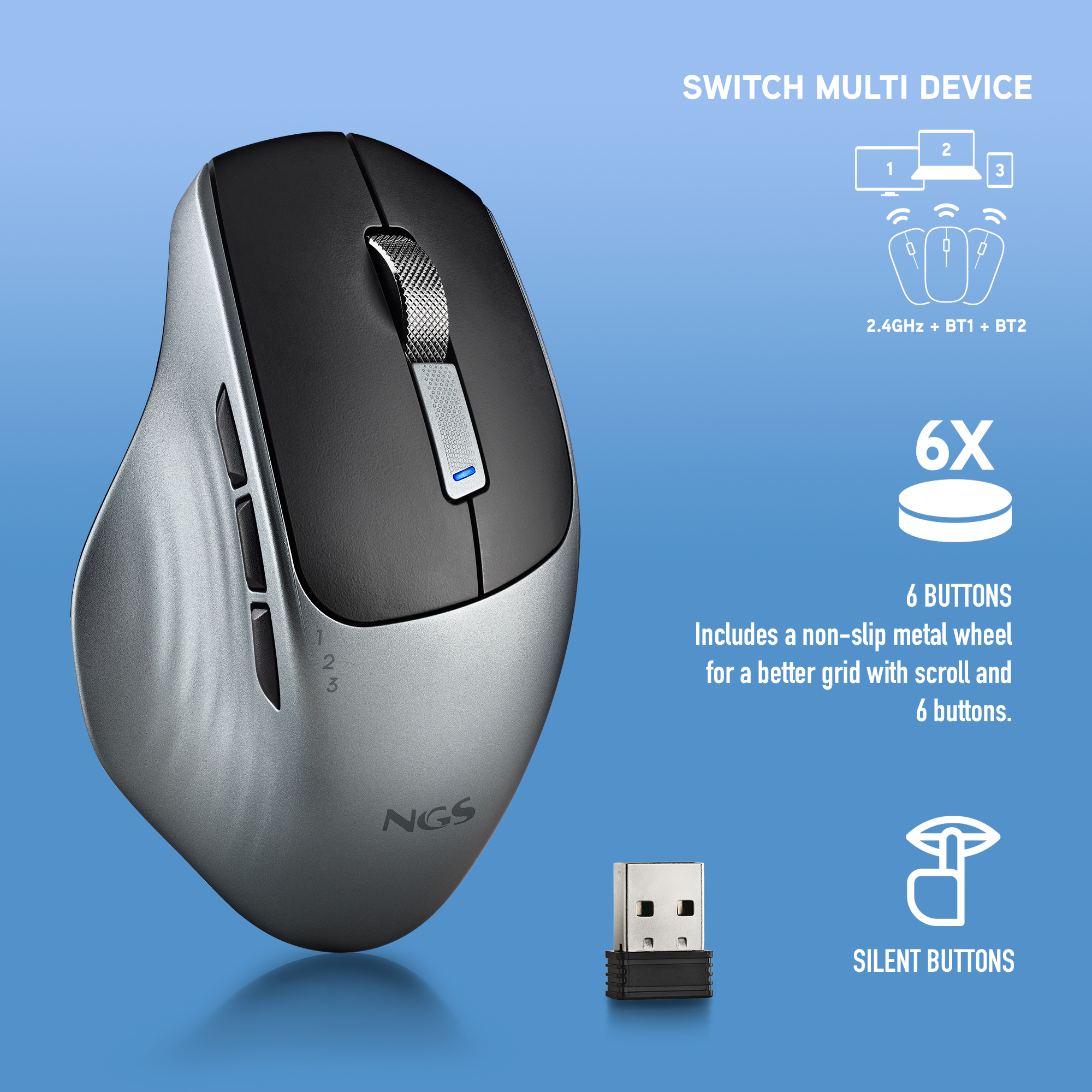 Un mouse wireless argento e nero con dongle USB e icone per l'uso multi-dispositivo, 6 pulsanti e pulsanti silenziosi.
