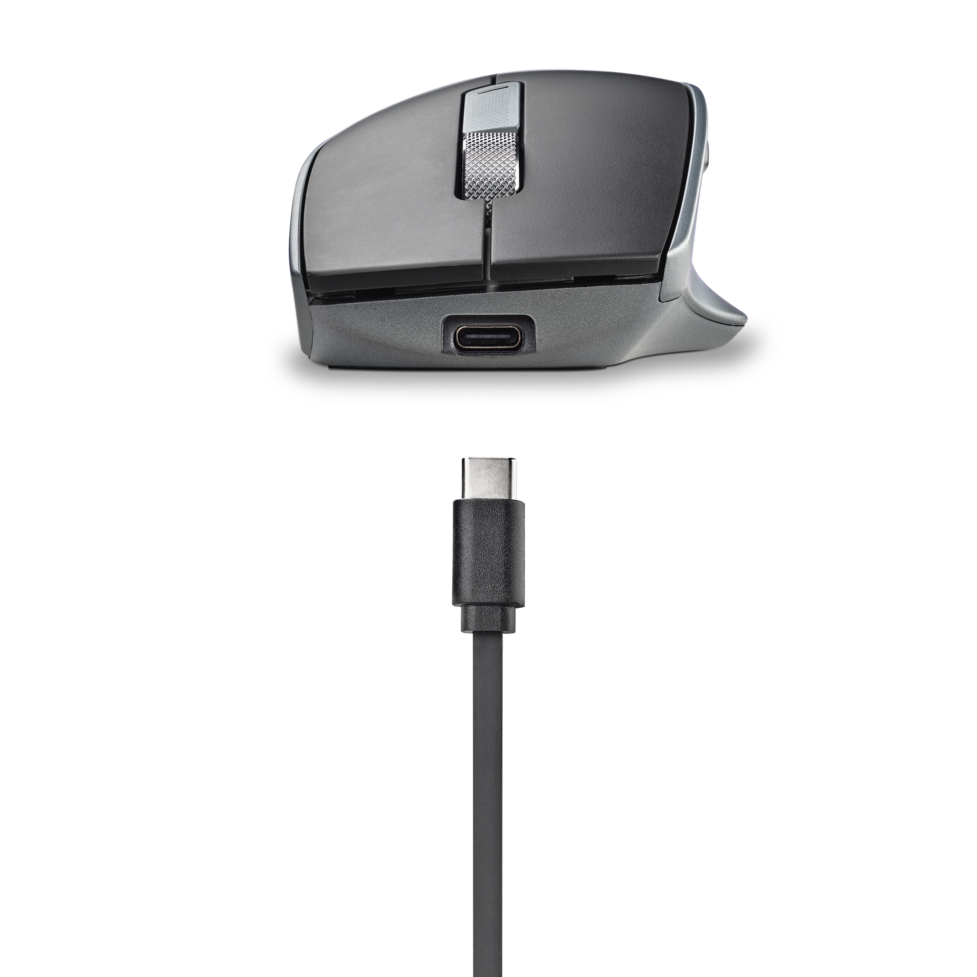 Un mouse per computer con cavo USB-C. Il mouse è grigio e nero. Lo sfondo è bianco.
