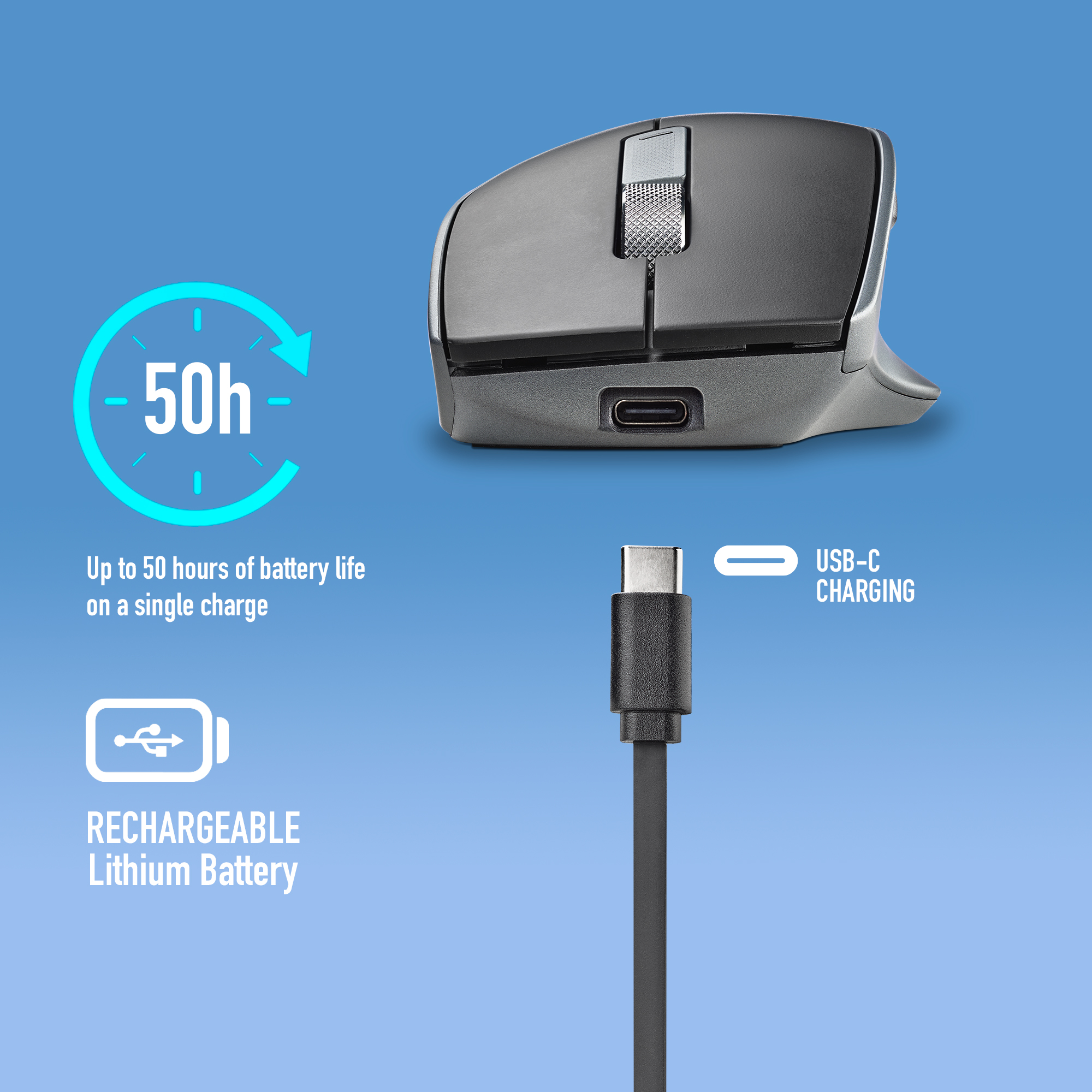 Un mouse wireless grigio con porta di ricarica USB-C. Caratteristiche: 50 ore di autonomia e batteria al litio ricaricabile.