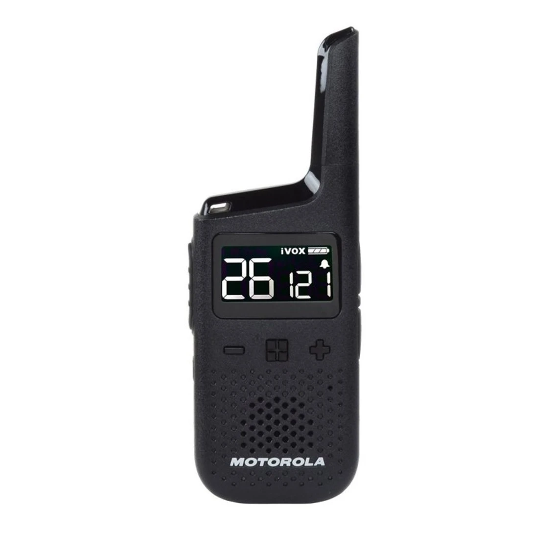Un walkie-talkie Motorola nero. Ha un display che mostra i numeri 26121, il logo iVOX e i pulsanti più e meno. L'antenna è in alto.