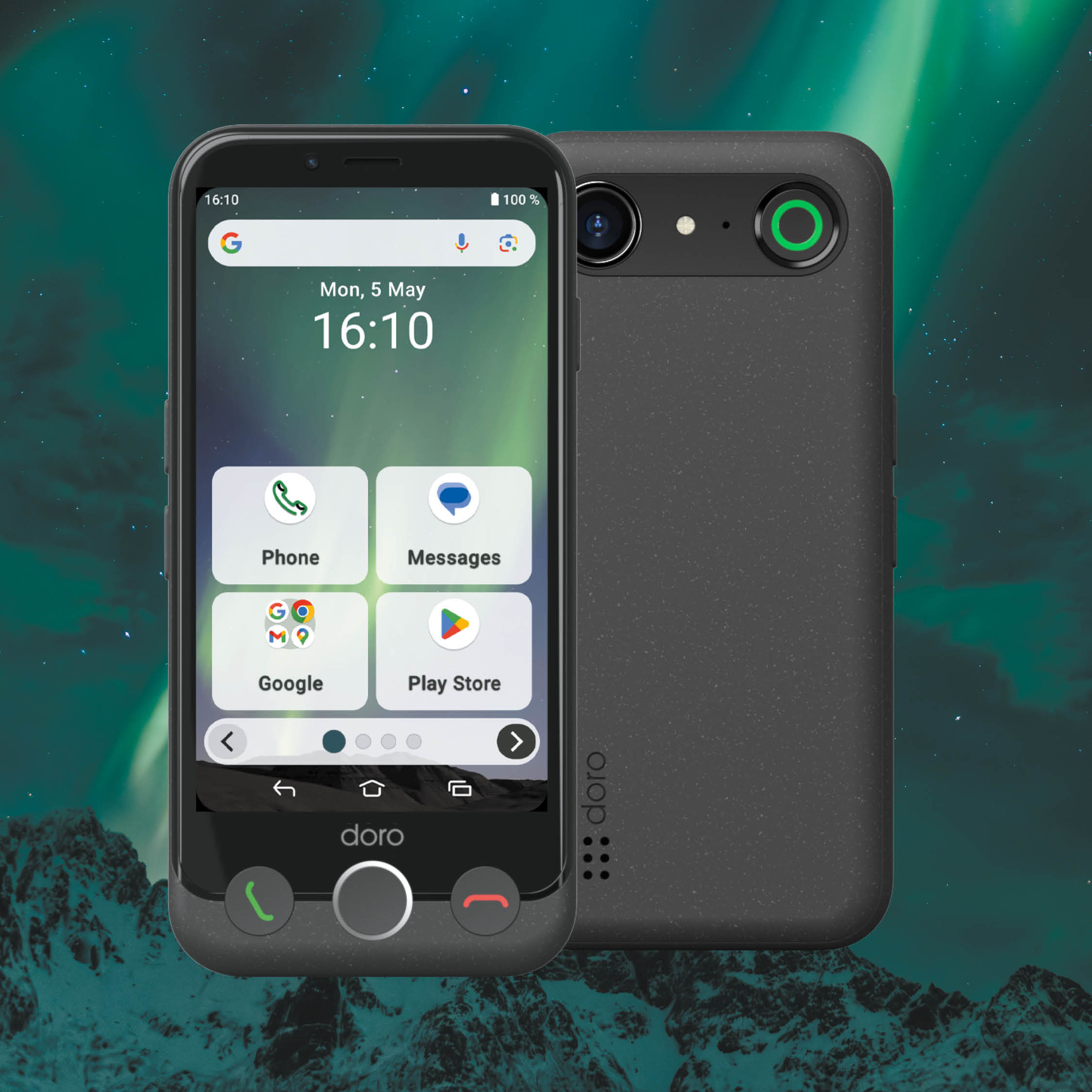 Dwa czarne telefony. Jeden pokazuje ekran główny z ikonami aplikacji. Drugi ma aparat i zielone kółko. Tło: zorza polarna.