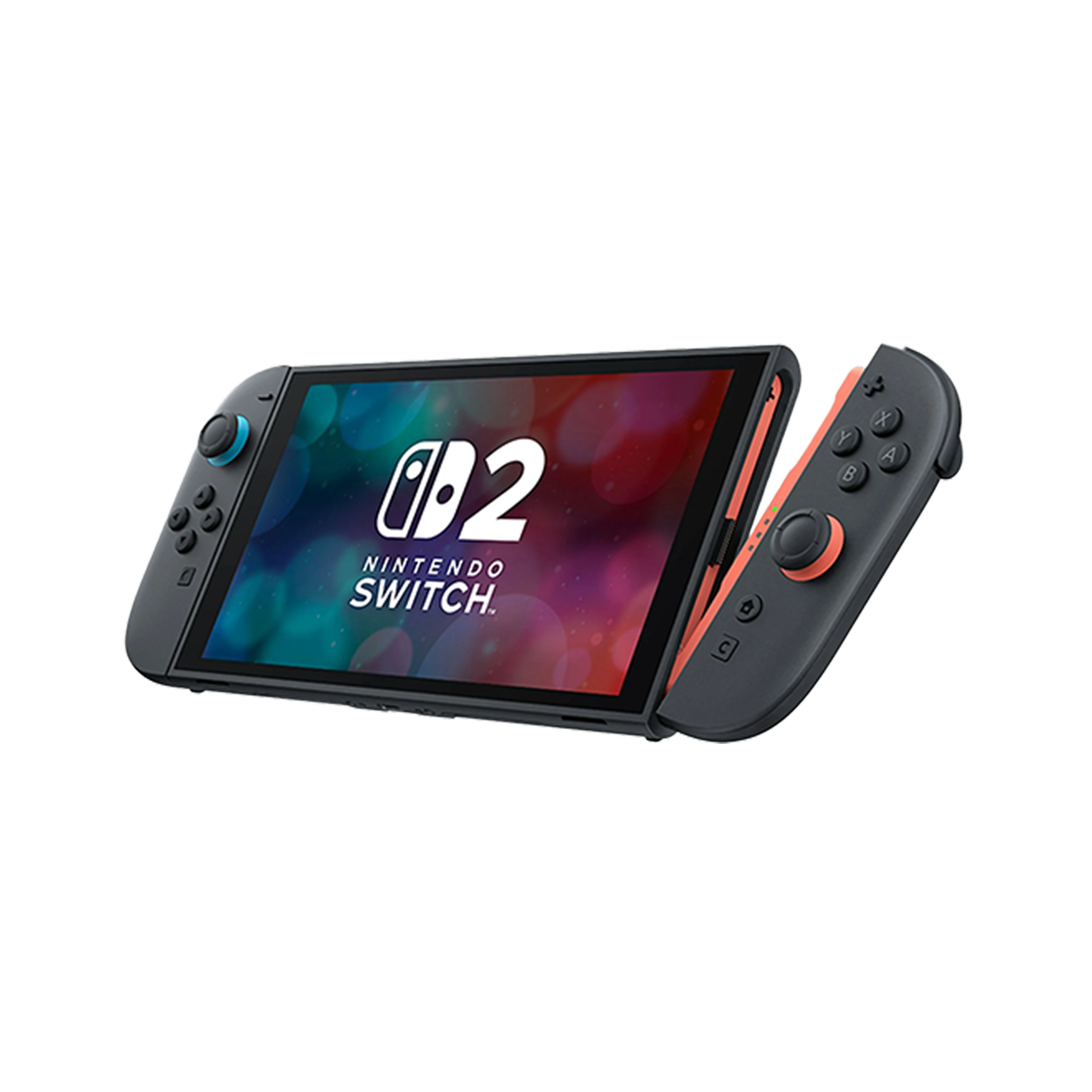 Eine Nintendo Switch-Konsole. Der Bildschirm zeigt das 'Switch'-Logo. Sie hat graue Controller mit blauen und orangen Akzenten.