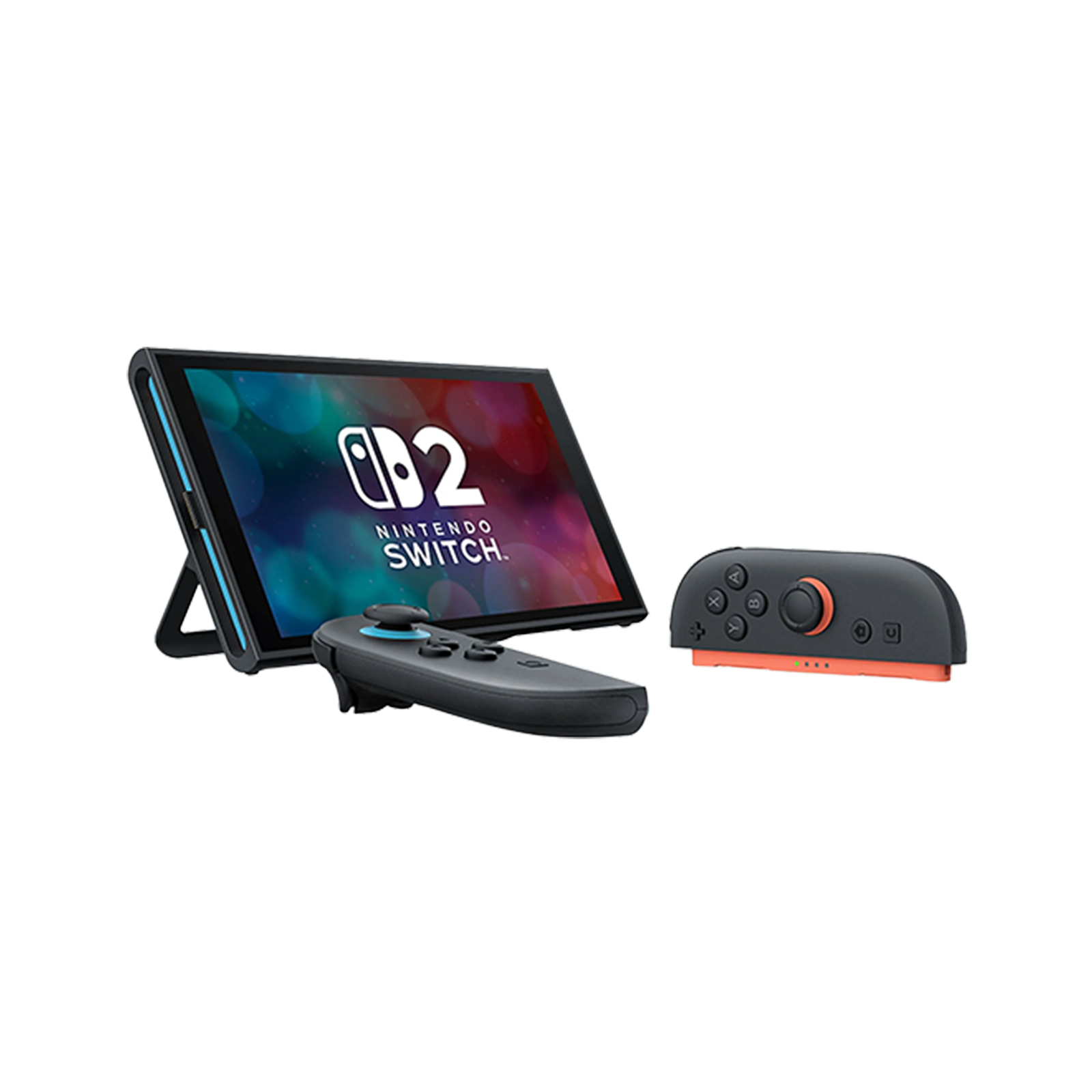 Nintendo Switch Konsole mit Controllern. Der Bildschirm zeigt das Nintendo Switch Logo. Graue und orangefarbene Controller sind sichtbar.