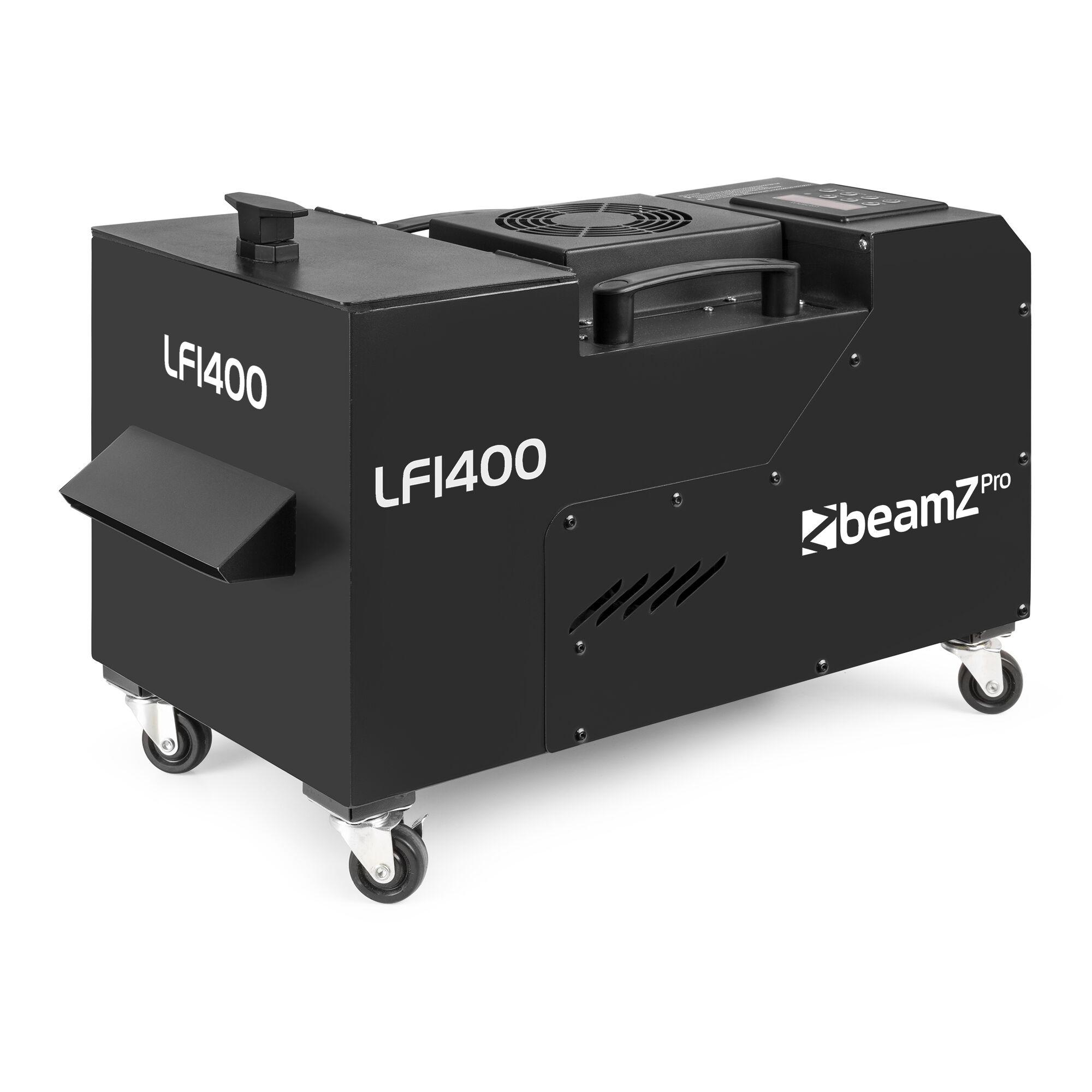 Máquina de niebla negra LFI400 beamZ Pro sobre ruedas. Tiene asa, ventilador y panel de control. Fondo blanco.