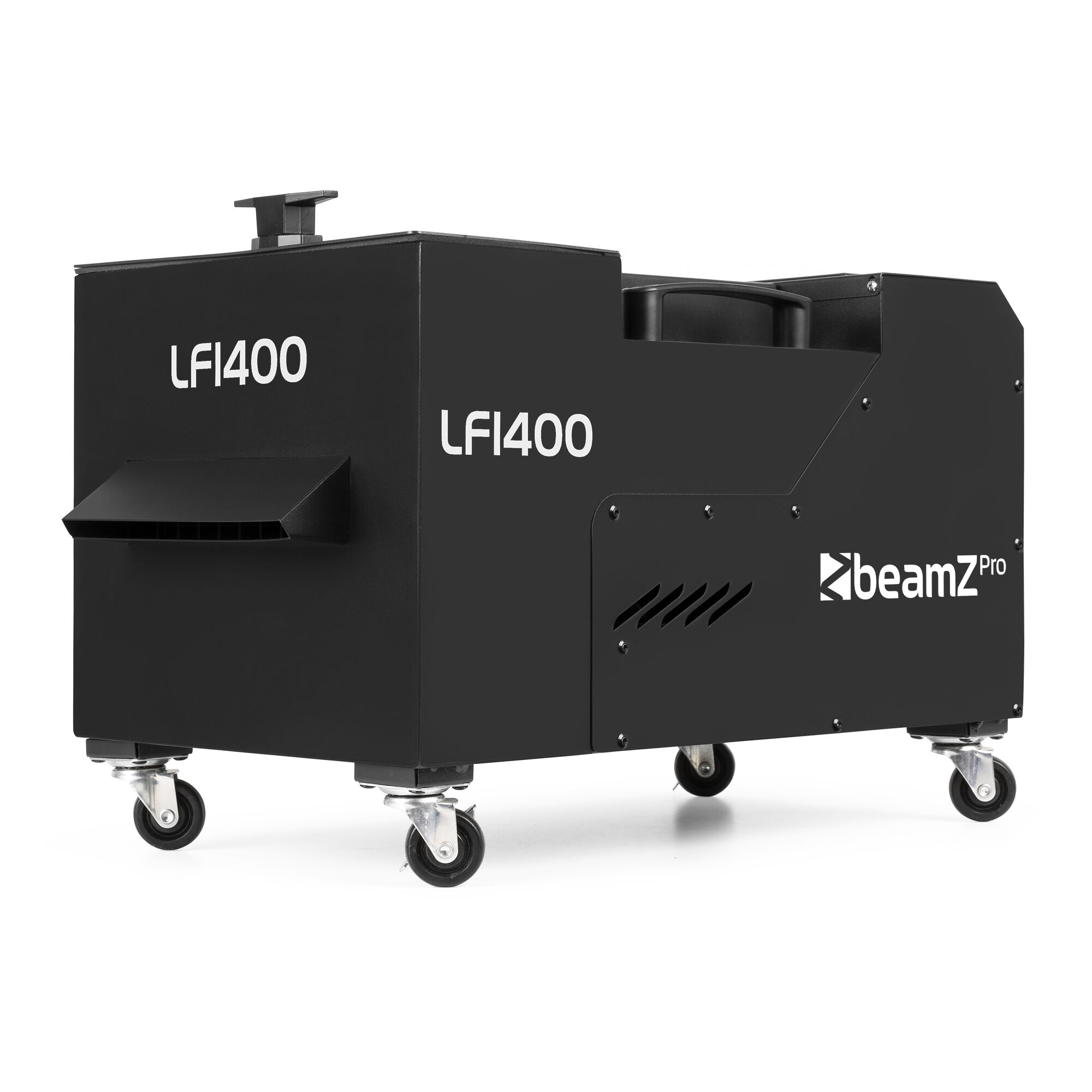 Una máquina de niebla LFI400 negra con ruedas, con el logotipo de Beamz Pro, sobre fondo blanco.