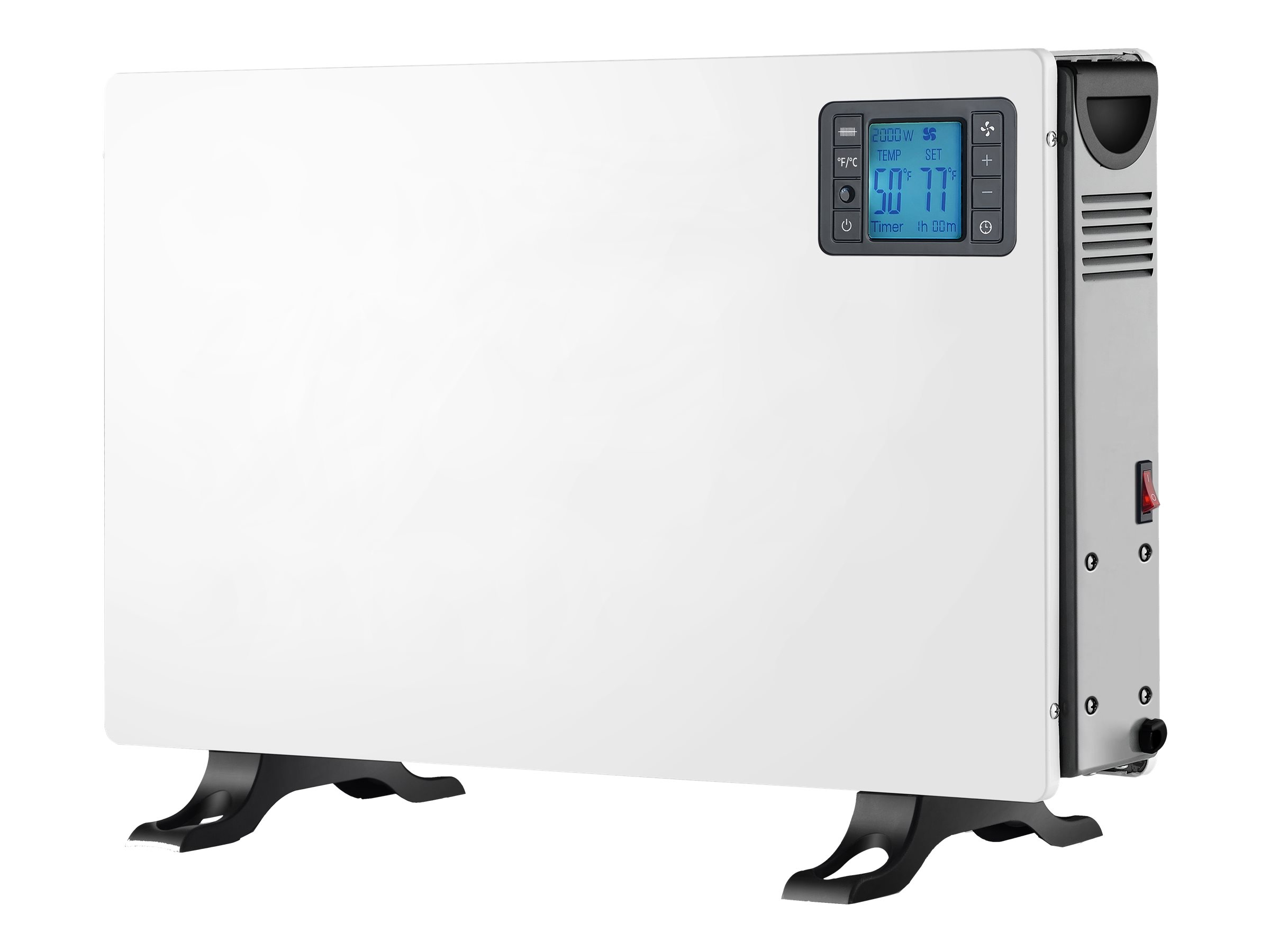 Een witte elektrische kachel met een digitaal display met temperatuur en timer, zwarte poten en een aan/uit-schakelaar.