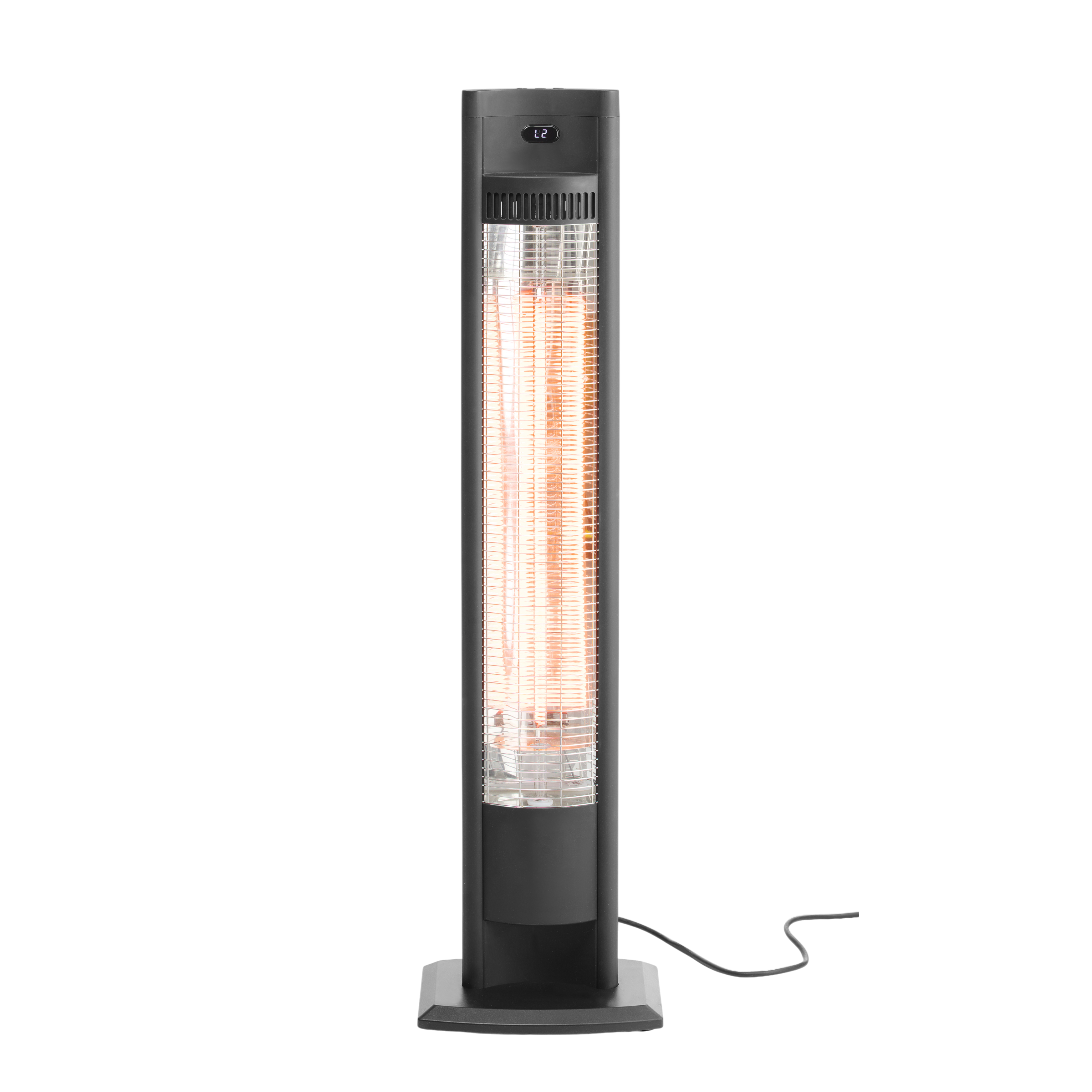 Ein hoher, schwarzer Elektroheizer mit einem glühend orangefarbenen Heizelement. Der Hintergrund ist schwarz.