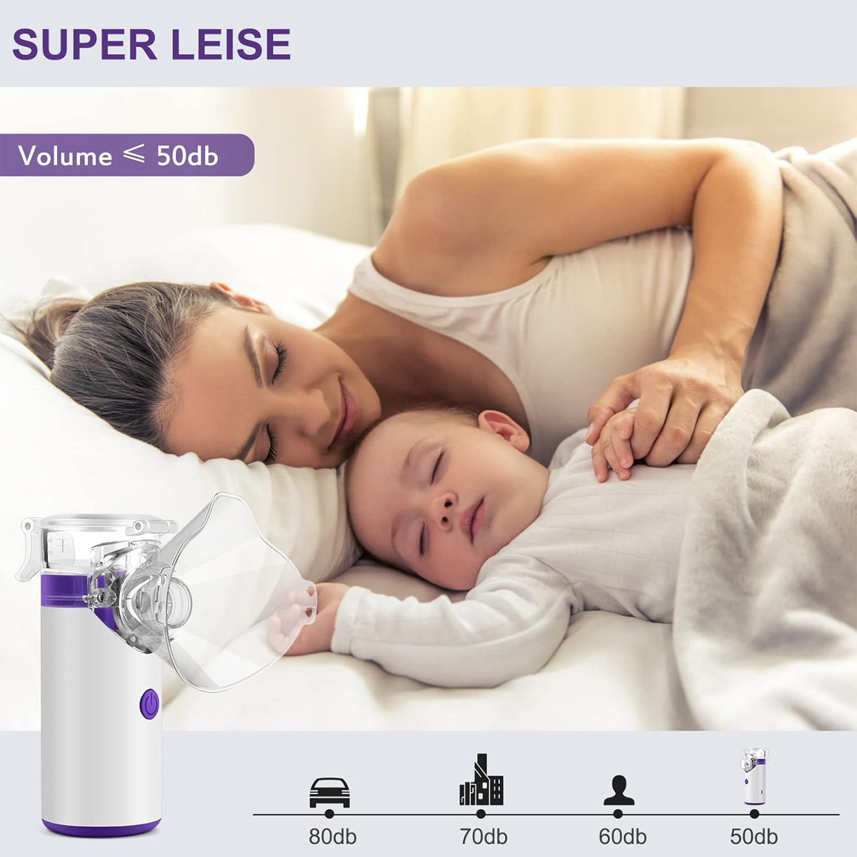 Eine Frau und ein Baby schlafen friedlich. Ein Vernebler befindet sich im Vordergrund. Der Text weist auf das leise Gerät hin, mit 50 dB.
