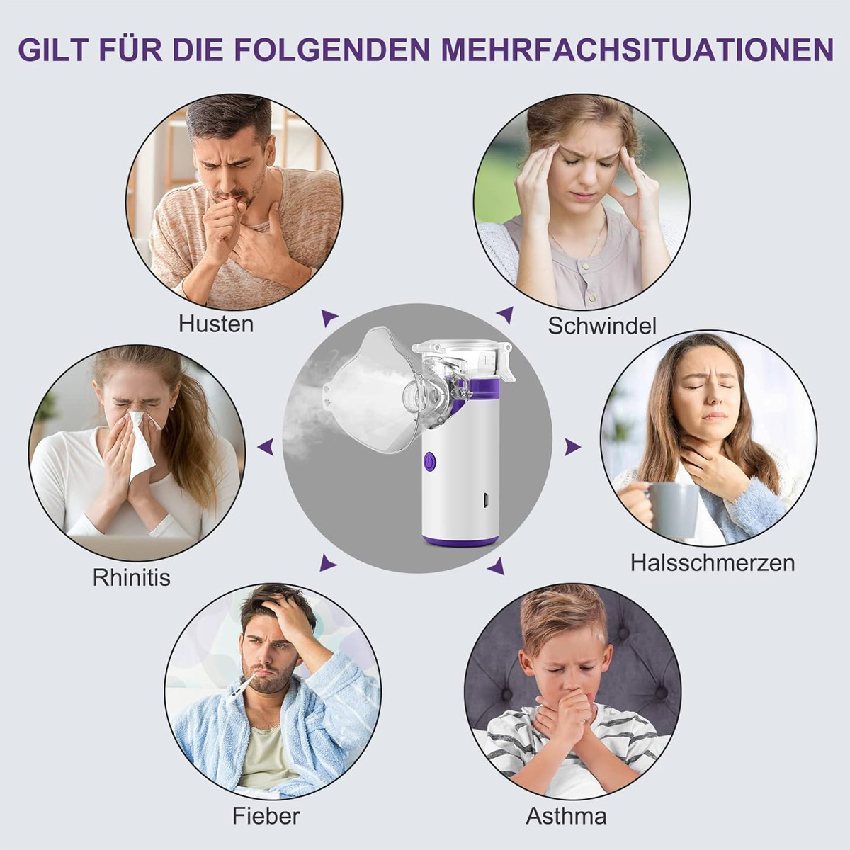 Das Bild zeigt einen Vernebler, umgeben von Kreisen mit Personen, die Symptome wie Husten, Schwindel, Schnupfen, Halsschmerzen und Fieber haben.