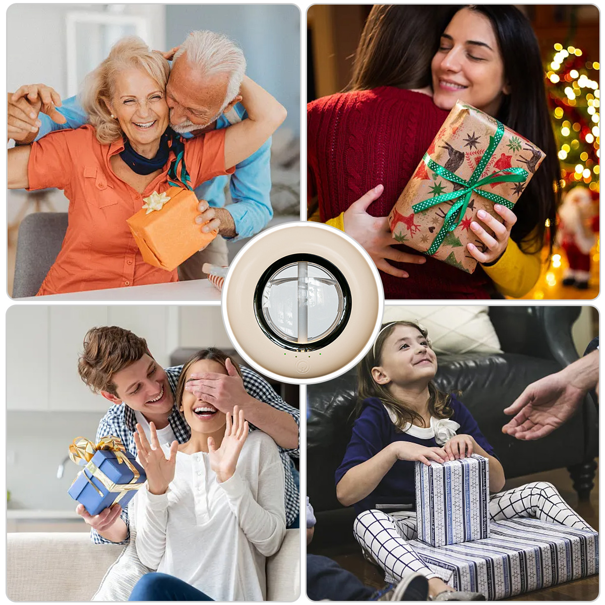Vier Szenen des Schenkens. Älteres Paar umarmt sich mit einem Geschenk, eine Frau umarmt ein Geschenk, ein Mann überrascht eine Frau mit einem Geschenk, ein Mädchen erhält ein Geschenk.