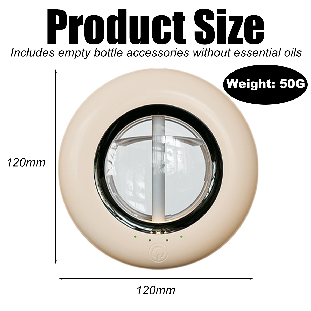 Ein beiges, kreisförmiges Produkt mit einem transparenten zentralen Element. Text: 'Produktgröße'. Abmessungen: 120 mm. Gewicht: 50 g.