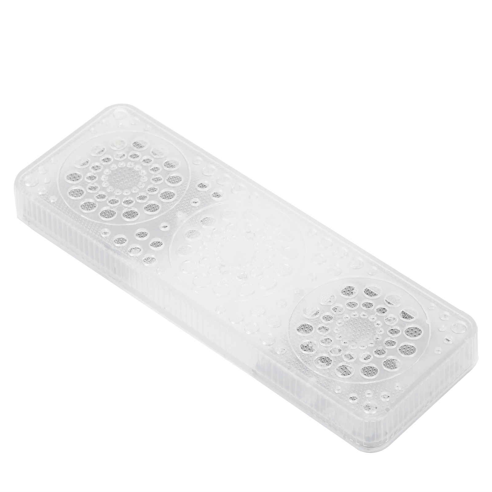 Eine durchsichtige, rechteckige Plastikschale mit kreisförmigen, gemusterten Belüftungsöffnungen. Die Schale steht auf weißem Grund.
