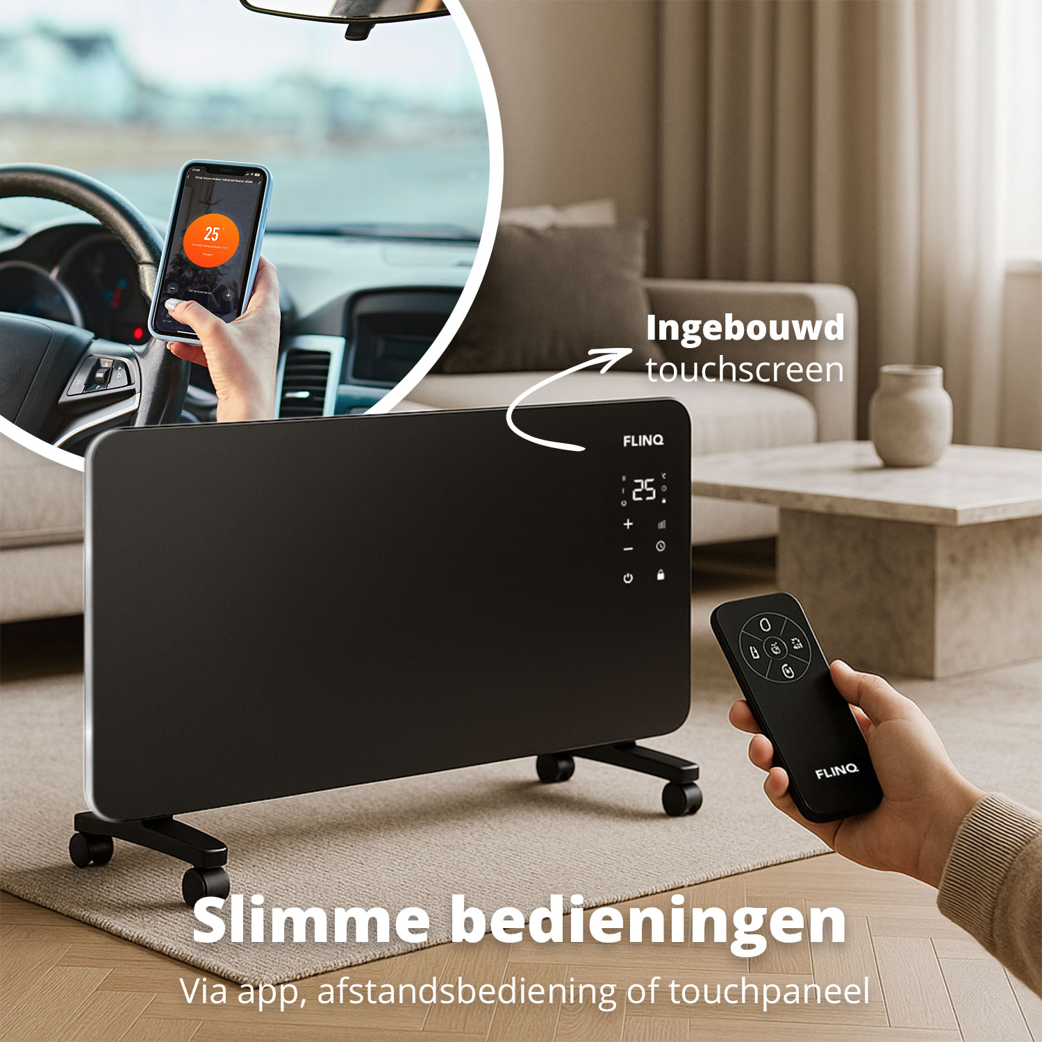 Zwarte FLINQ-verwarming met touchscreen en afstandsbediening. Telefoon toont bediening. Tekst 'Slimme bediening'. Auto-interieur op achtergrond.