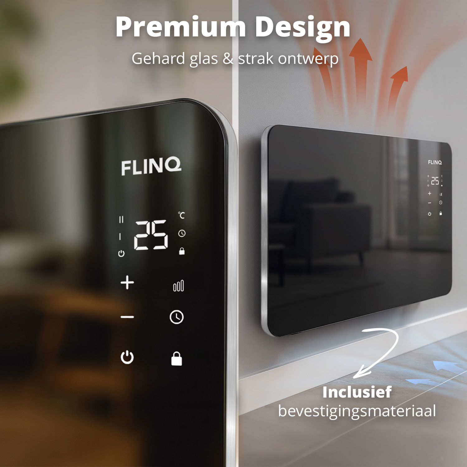 Zwarte FLINQ-verwarming met een digitaal display met 25 graden. De verwarming is aan een muur bevestigd. Tekst zegt premium design.