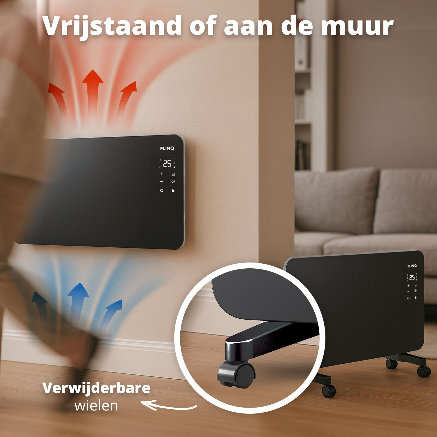 Afbeelding toont twee zwarte FLINQ-kachels, één aan de muur, één op wielen. Pijlen beelden warmtestroom uit. Tekst: 'Verwijderbare wielen'.