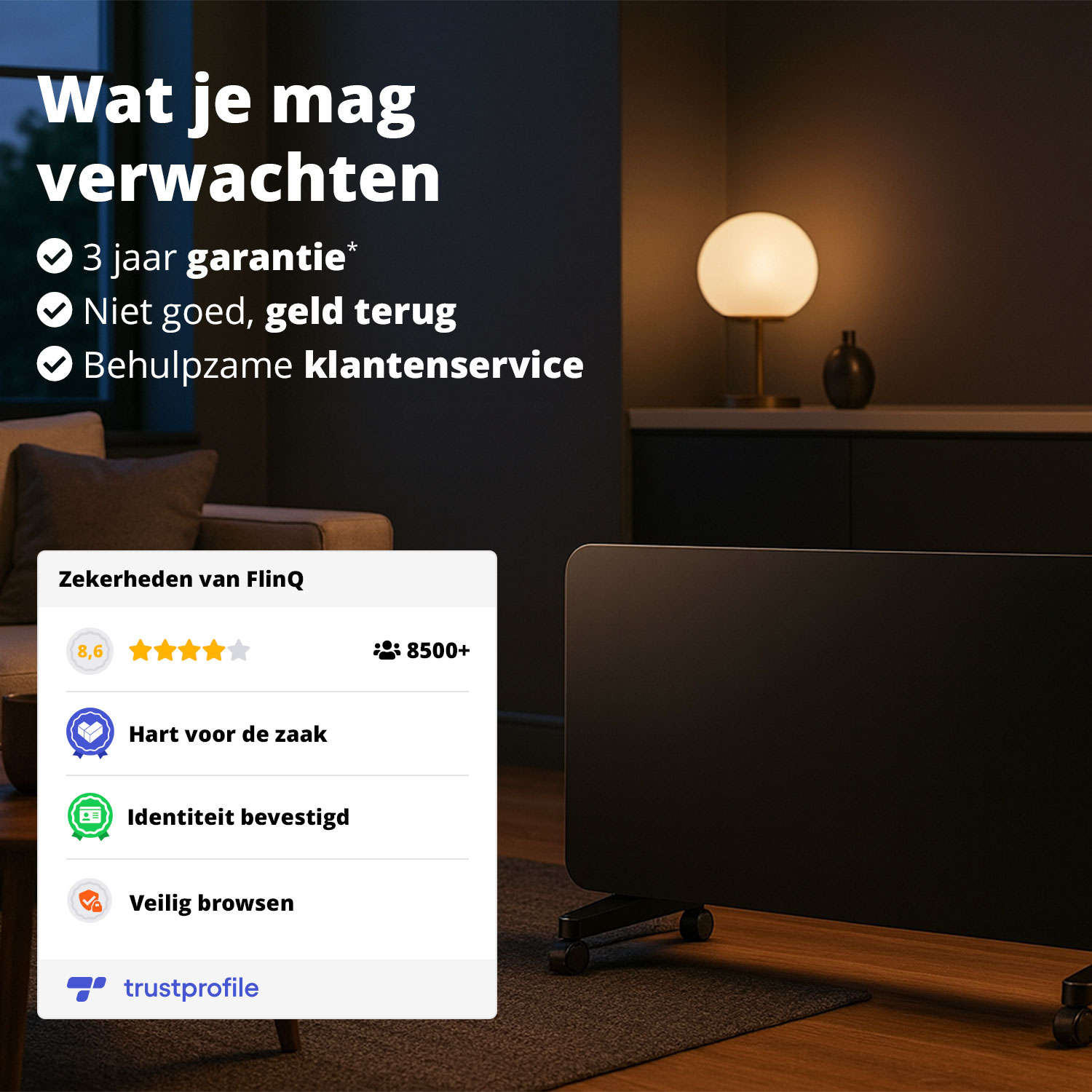 De afbeelding toont tekst over garantie, terugbetaling en klantenservice. Er zijn ook product- en vertrouwensbadges.