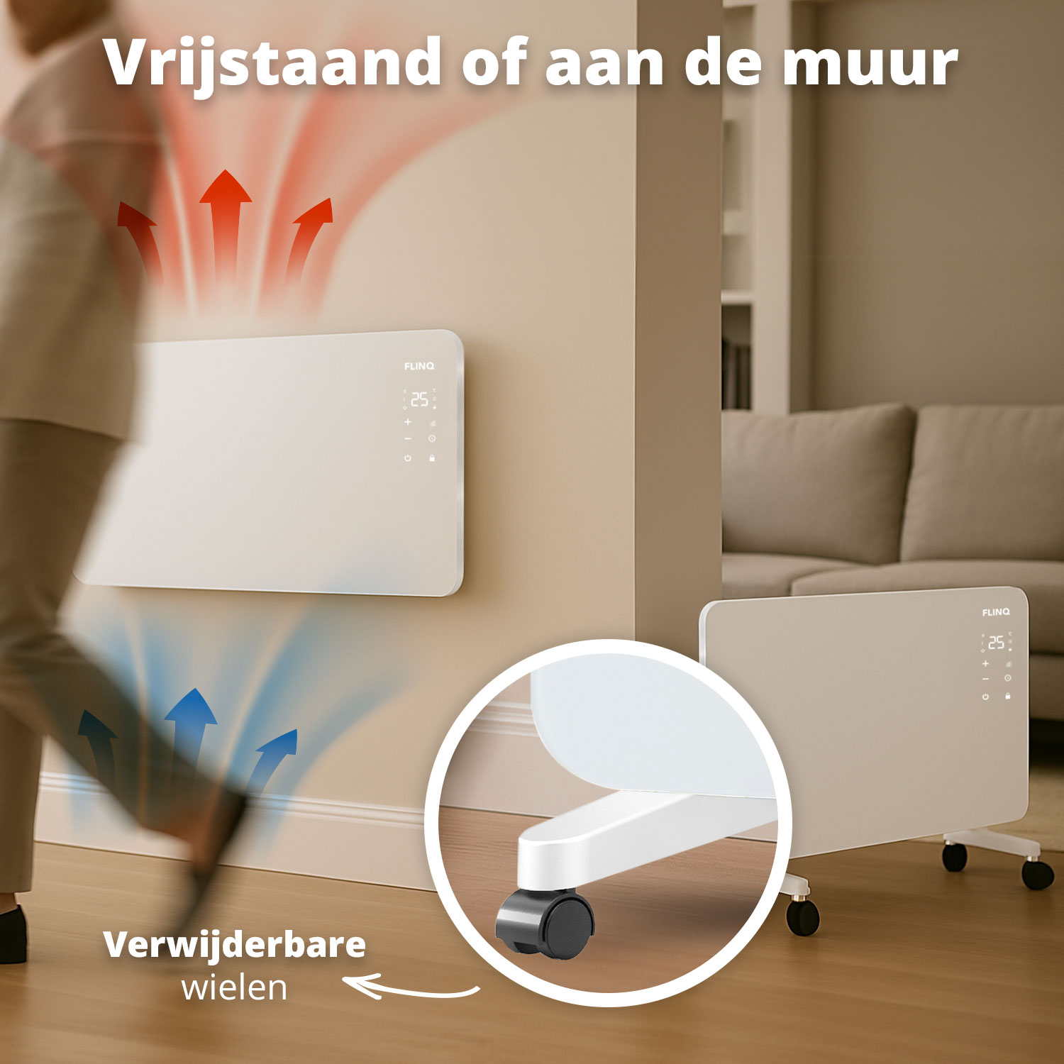A white FLINQ heater is shown. It can be wall-mounted or freestanding. A person walks by. The heater has removable wheels.