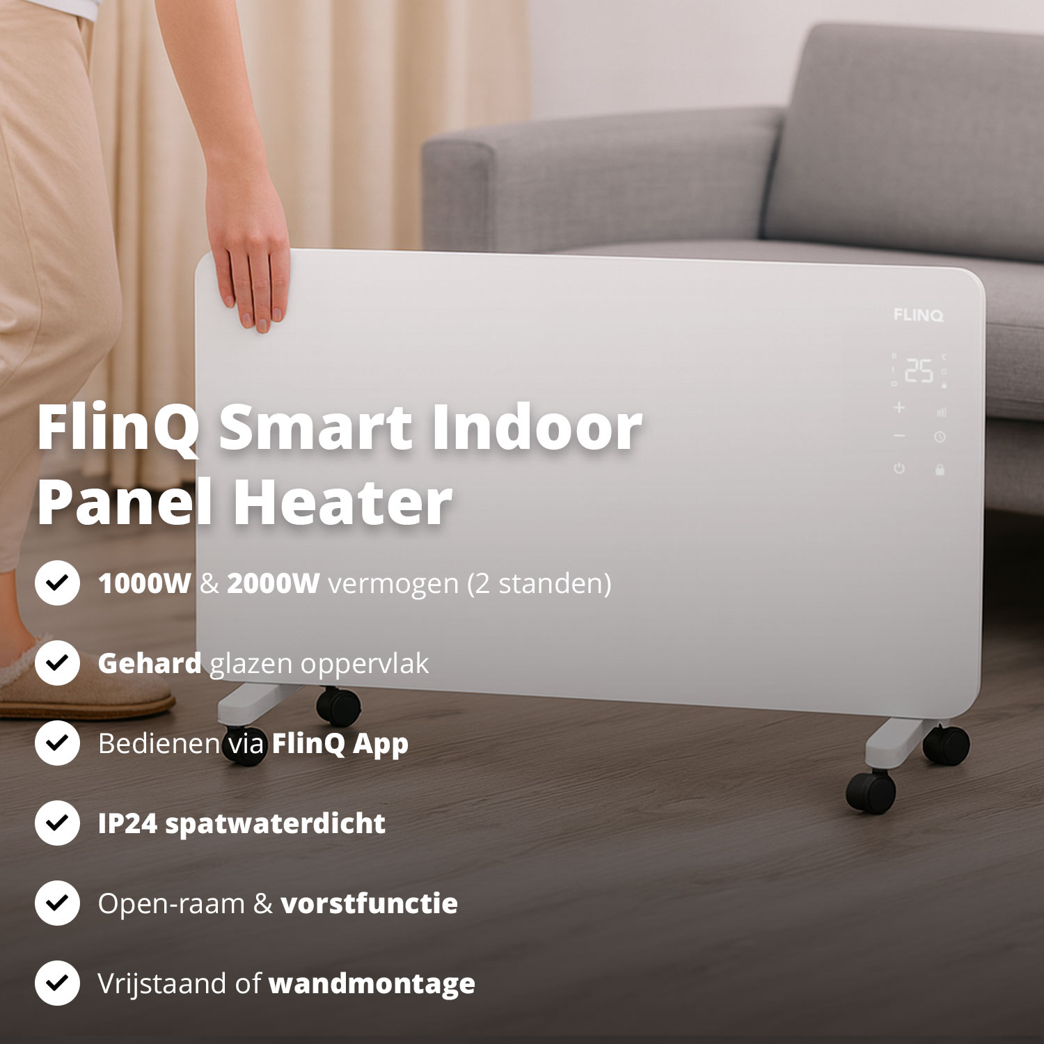 A white panel heater on wheels. A person's hand touches the heater. It has a digital display and some text about the product.